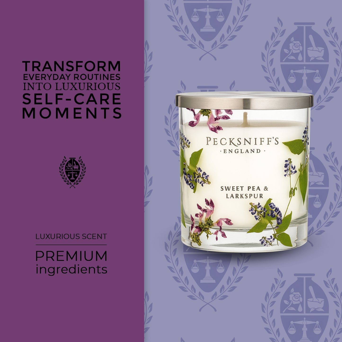 Pecksniff’s 1 Wick Candle – Sweet Pea & Lark Spur, 184 g / 6.49 oz – Long Lasting Burn, Elegant Home Decor & Relaxing Ambiance