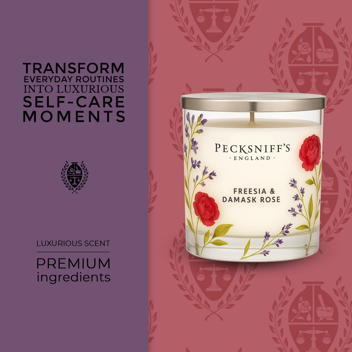 Pecksniff’s 1 Wick Candle – Freesia & Damask Rose, 184 g / 6.49 oz – Long Lasting Burn, Elegant Home Decor & Relaxing Ambiance