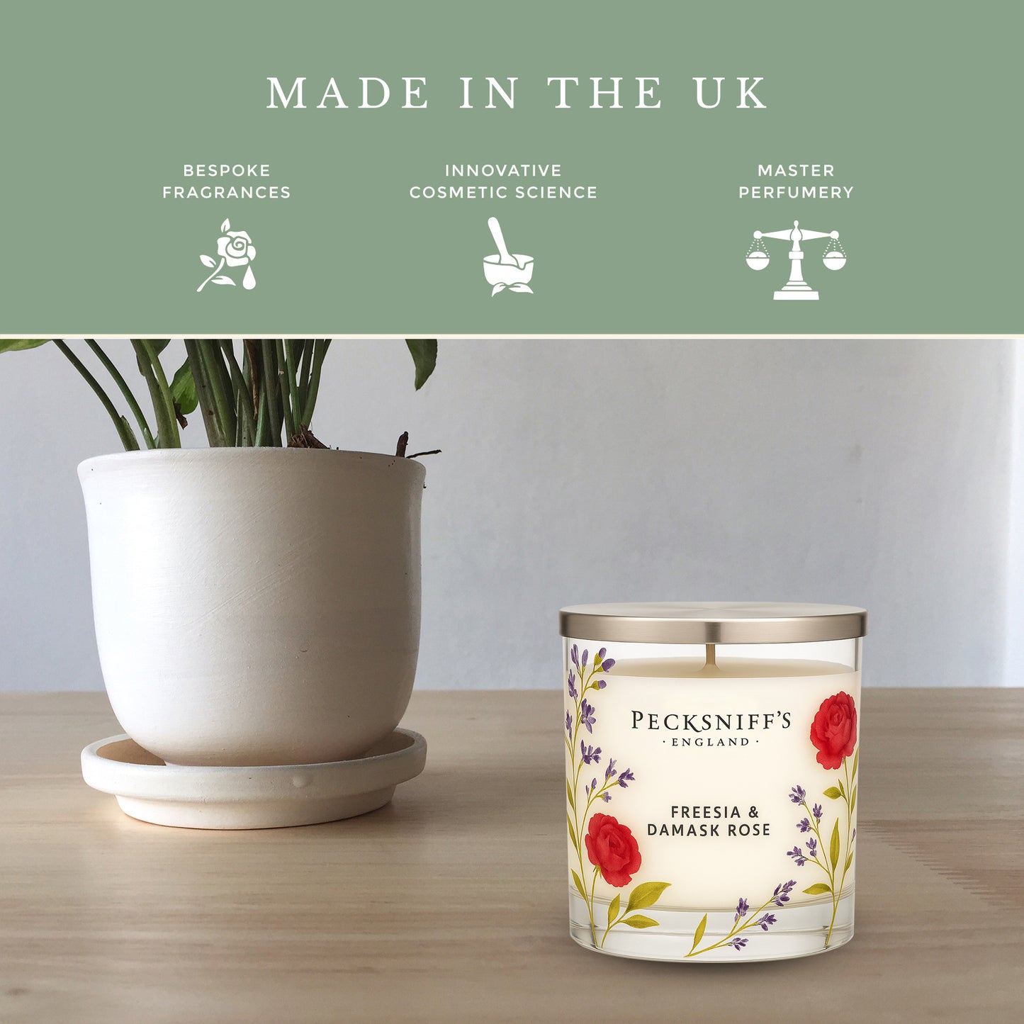 Pecksniff’s 1 Wick Candle – Freesia & Damask Rose, 184 g / 6.49 oz – Long Lasting Burn, Elegant Home Decor & Relaxing Ambiance