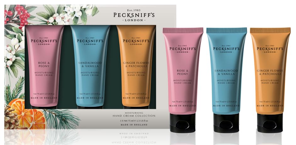 Pecksniff’s Hand Cream Collection – 3 Piece Gift Set, Moisturizing Hand Cream 100ml Tubes – Rose & Peony, Sandalwood & Vanilla, Ginger Flower & Patchouli – Luxury Skincare Gift for Women & Men