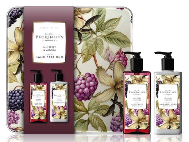 Pecksniff’s Wildwood Hand Care Duo – Mulberry & Vanilla Hand Wash & Hand & Body Lotion Gift Set, 2 x 300ml, Luxury Skincare Collection with Reusable Tin