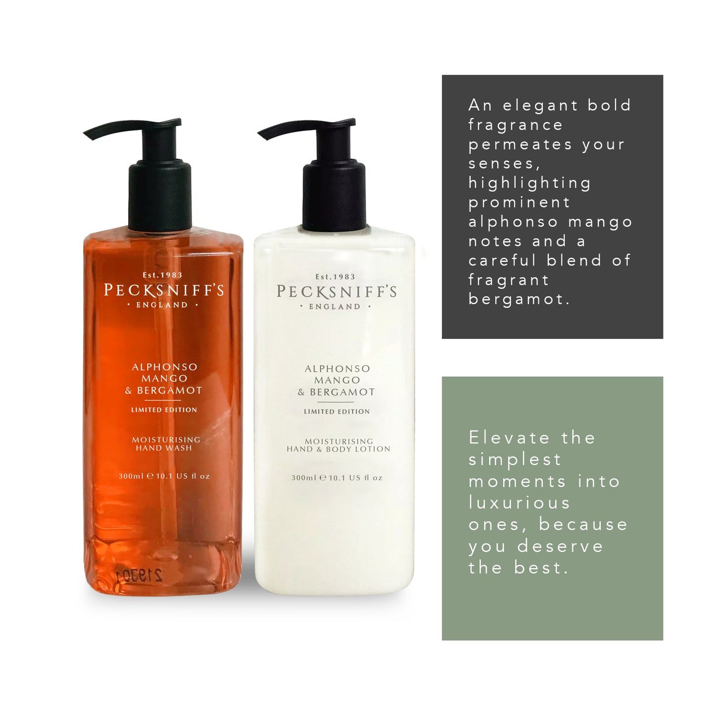 Pecksniffs Alphonso Mango & Bergamot Moisturizing Hand Wash and Hand Lotion in a Black Mesh Caddy | 300ml/10.14 Fl oz