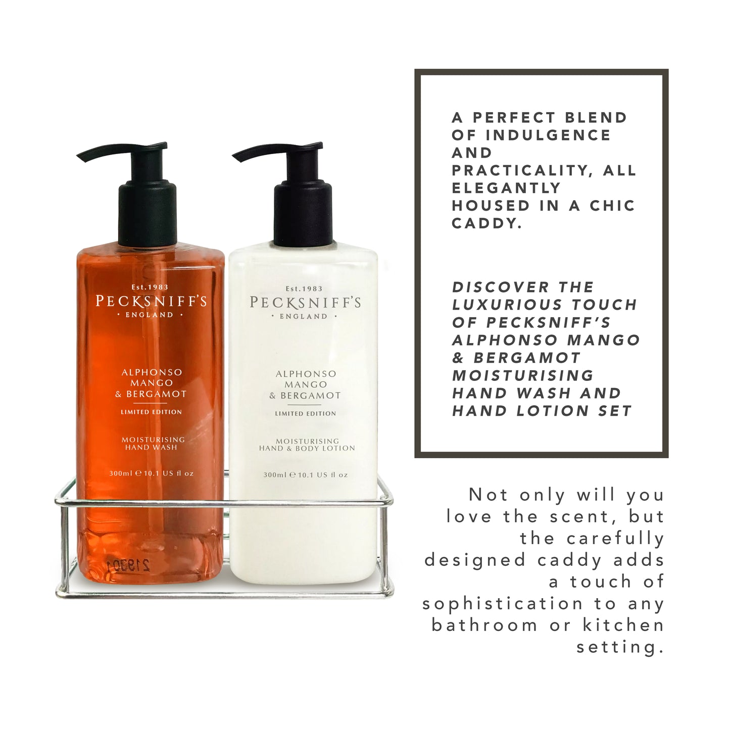 Pecksniffs Alphonso Mango & Bergamot Moisturizing Hand Wash and Hand Lotion in a Black Mesh Caddy | 300ml/10.14 Fl oz