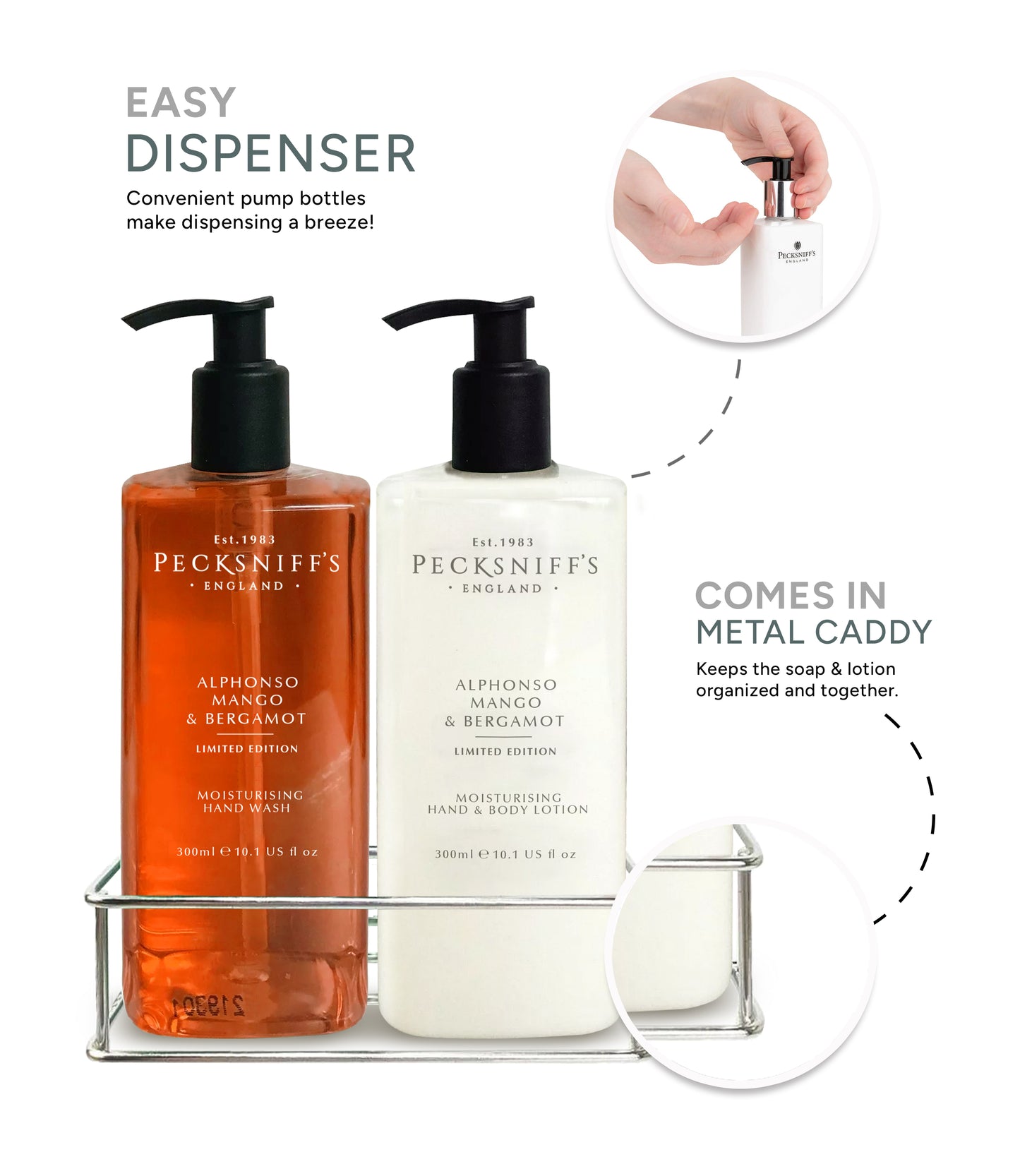 Pecksniffs Alphonso Mango & Bergamot Moisturizing Hand Wash and Hand Lotion in a Black Mesh Caddy | 300ml/10.14 Fl oz