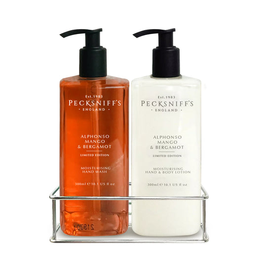 Pecksniffs Alphonso Mango & Bergamot Moisturizing Hand Wash and Hand Lotion in a Black Mesh Caddy | 300ml/10.14 Fl oz