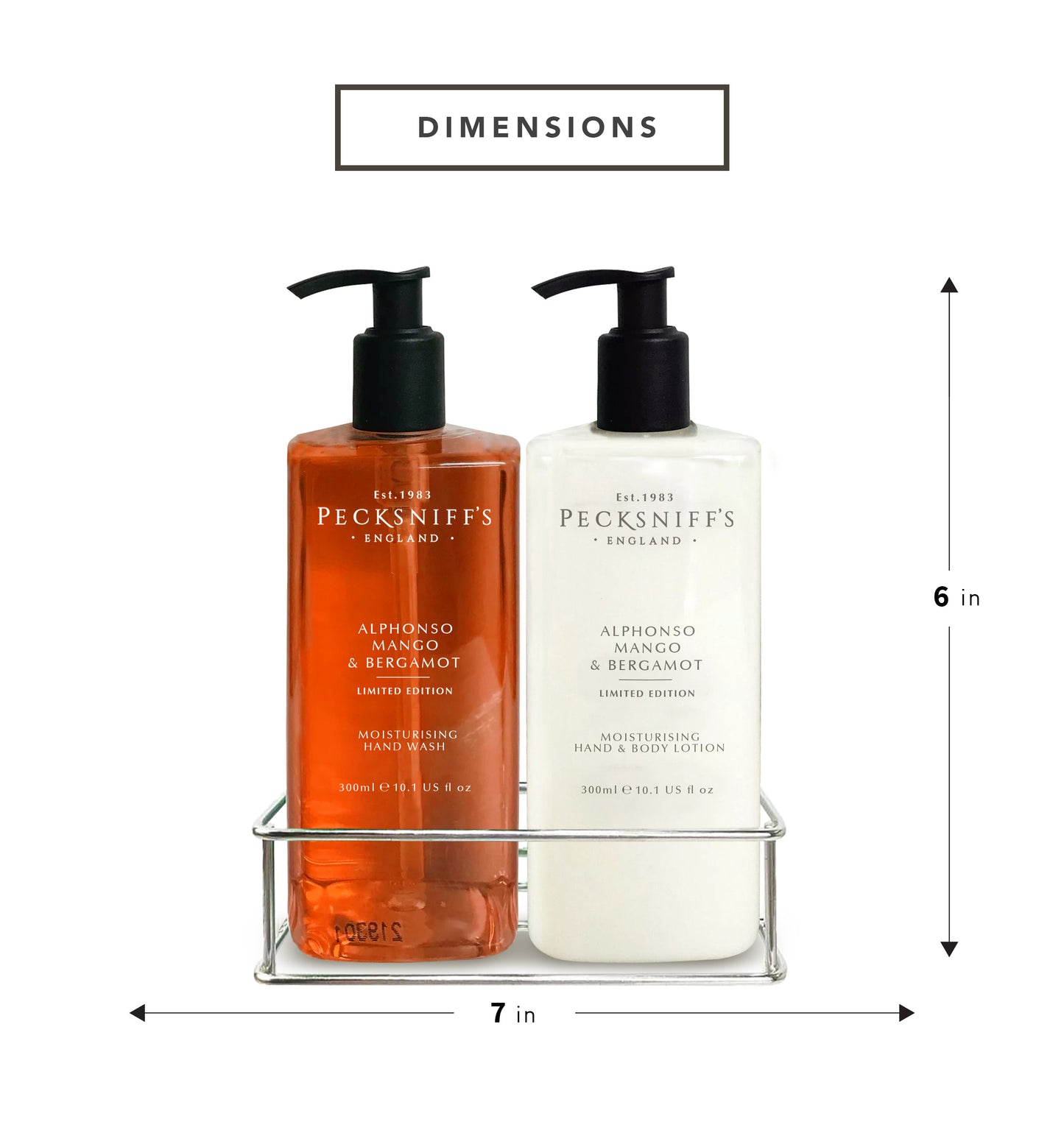 Pecksniffs Alphonso Mango & Bergamot Moisturizing Hand Wash and Hand Lotion in a Black Mesh Caddy | 300ml/10.14 Fl oz