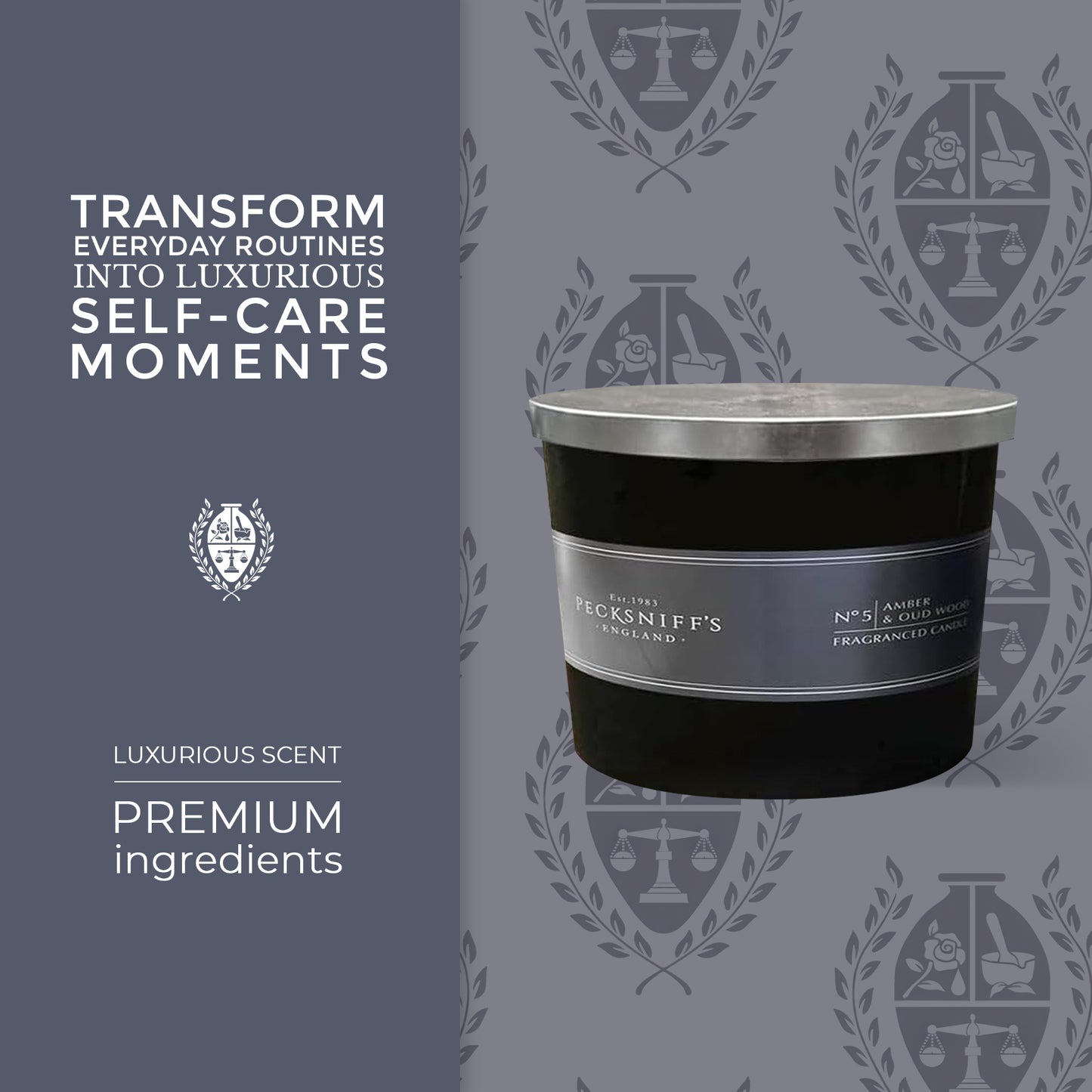 Pecksniffs Luxurious Black Tall Amber & Oud Wood Scented Candle | 3 Wicks, 283g/9.9oz