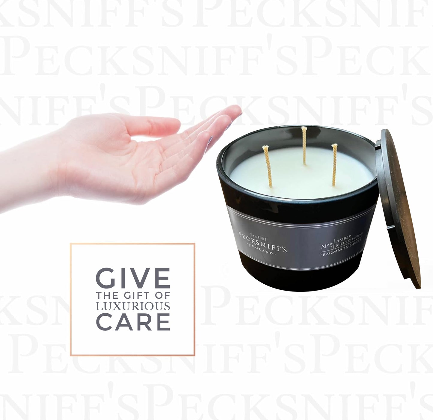 Pecksniffs Luxurious Black Tall Amber & Oud Wood Scented Candle | 3 Wicks, 283g/9.9oz