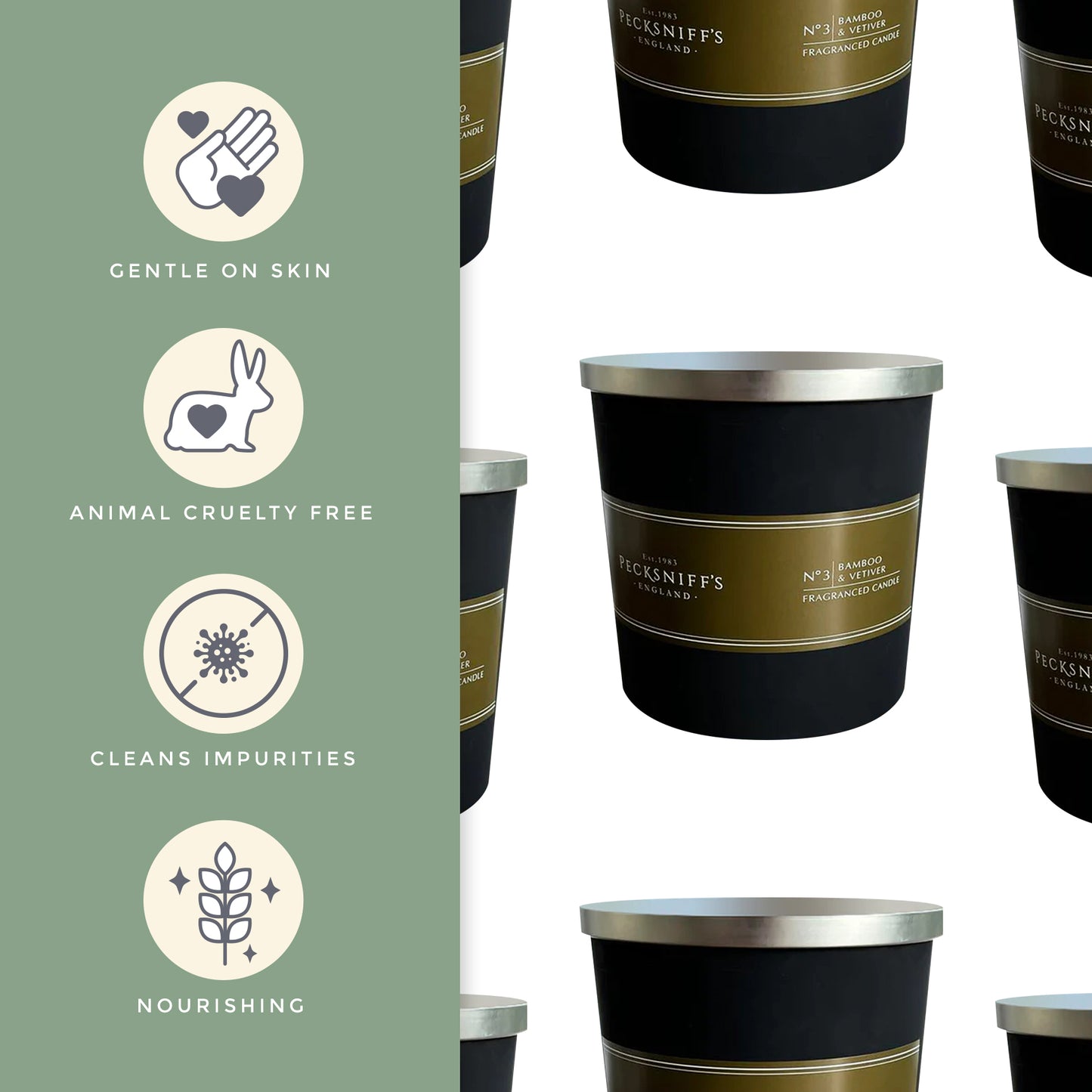 Pecksniffs Black Tall Bamboo and Vetiver Scented Candle | 3 Wicks, 283g/9.9oz