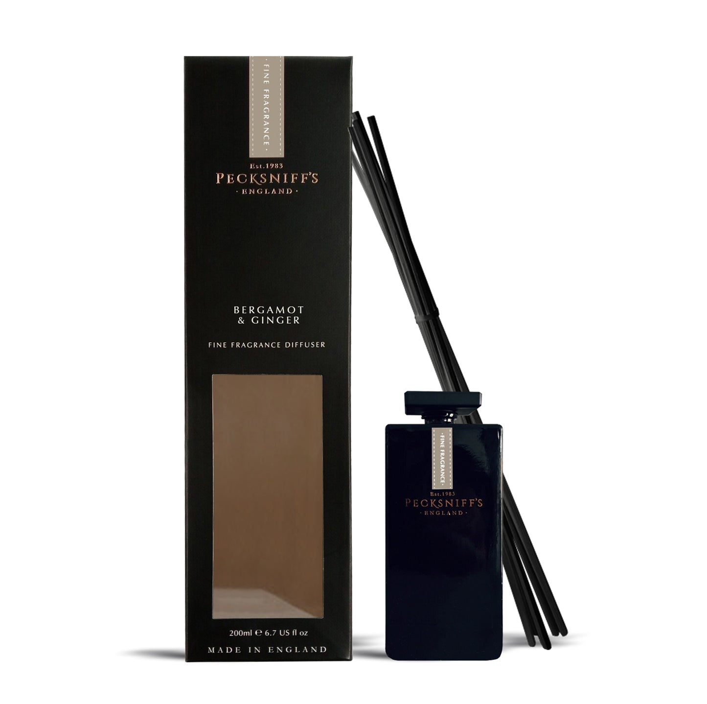 Pecksniff's Bergamot and Ginger Black Square Diffuser | 200ml/6.76 Fl Oz