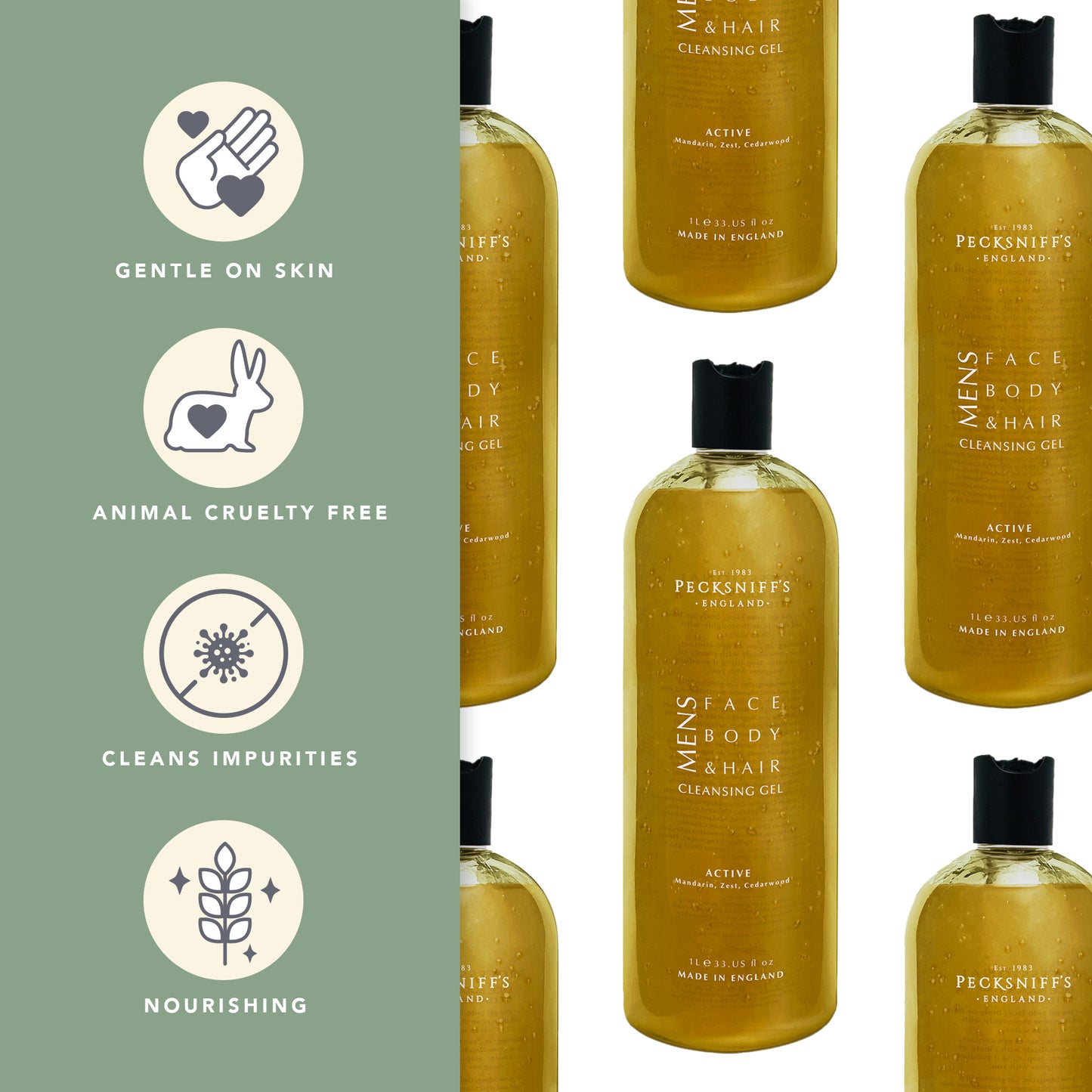 Pecksniffs Active 3-In-1 Cleansing Gel | 1L/1000 ml/33.81 Fl Oz