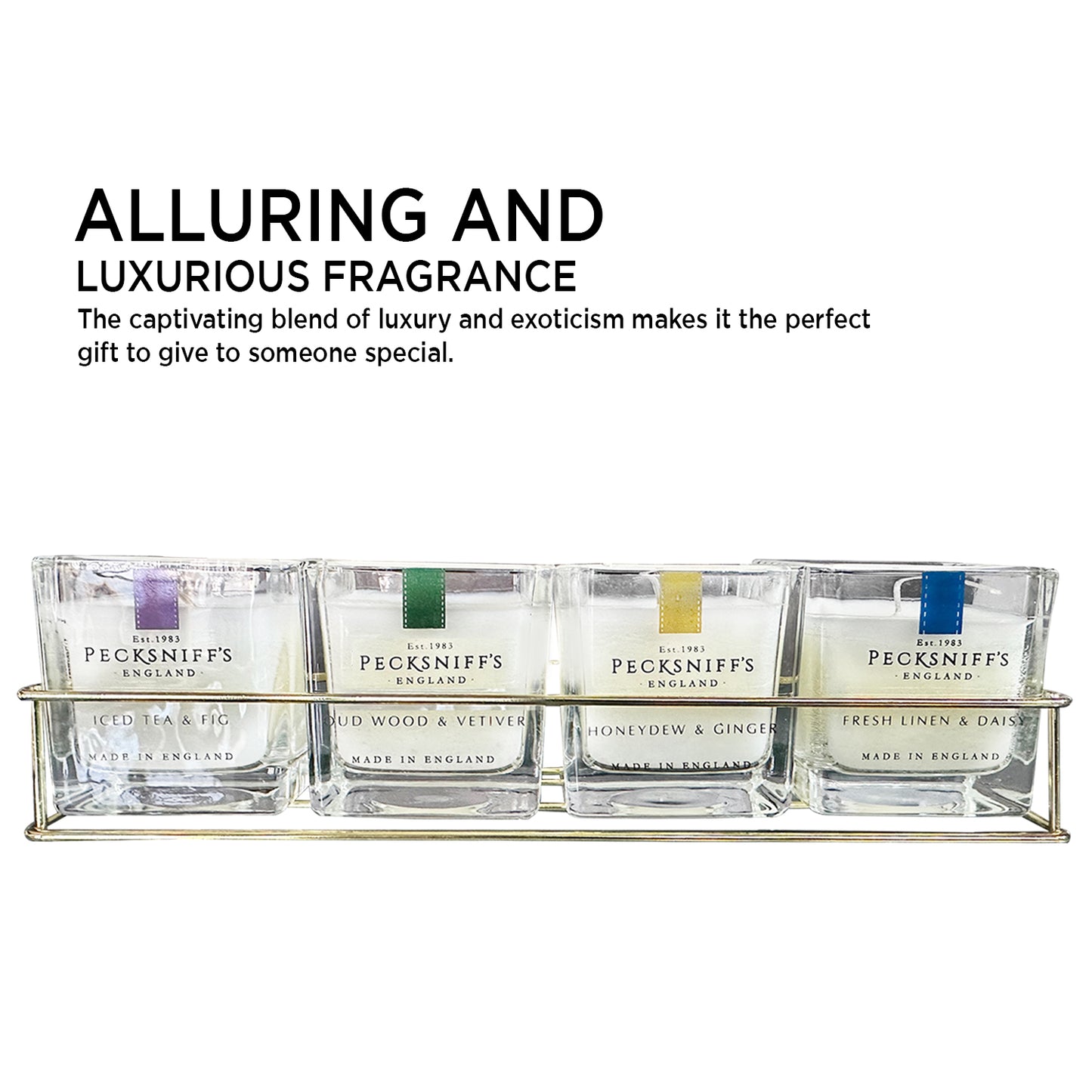 Pecksniff's 4 Candles in Metal Caddy Set: Iced Tea & Fig, Oudwood Vetiver, Honeydew Ginger, Fresh Linen Daisy - Premium Single Wick Candles