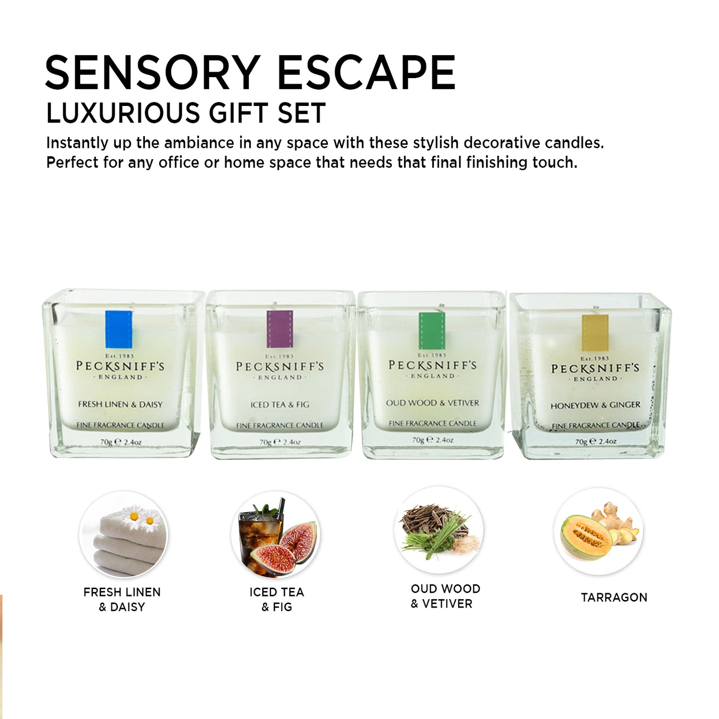 Pecksniff's 4 Candles in Metal Caddy Set: Iced Tea & Fig, Oudwood Vetiver, Honeydew Ginger, Fresh Linen Daisy - Premium Single Wick Candles