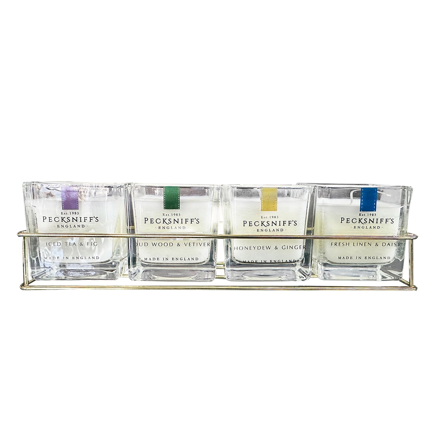 Pecksniff's 4 Candles in Metal Caddy Set: Iced Tea & Fig, Oudwood Vetiver, Honeydew Ginger, Fresh Linen Daisy - Premium Single Wick Candles
