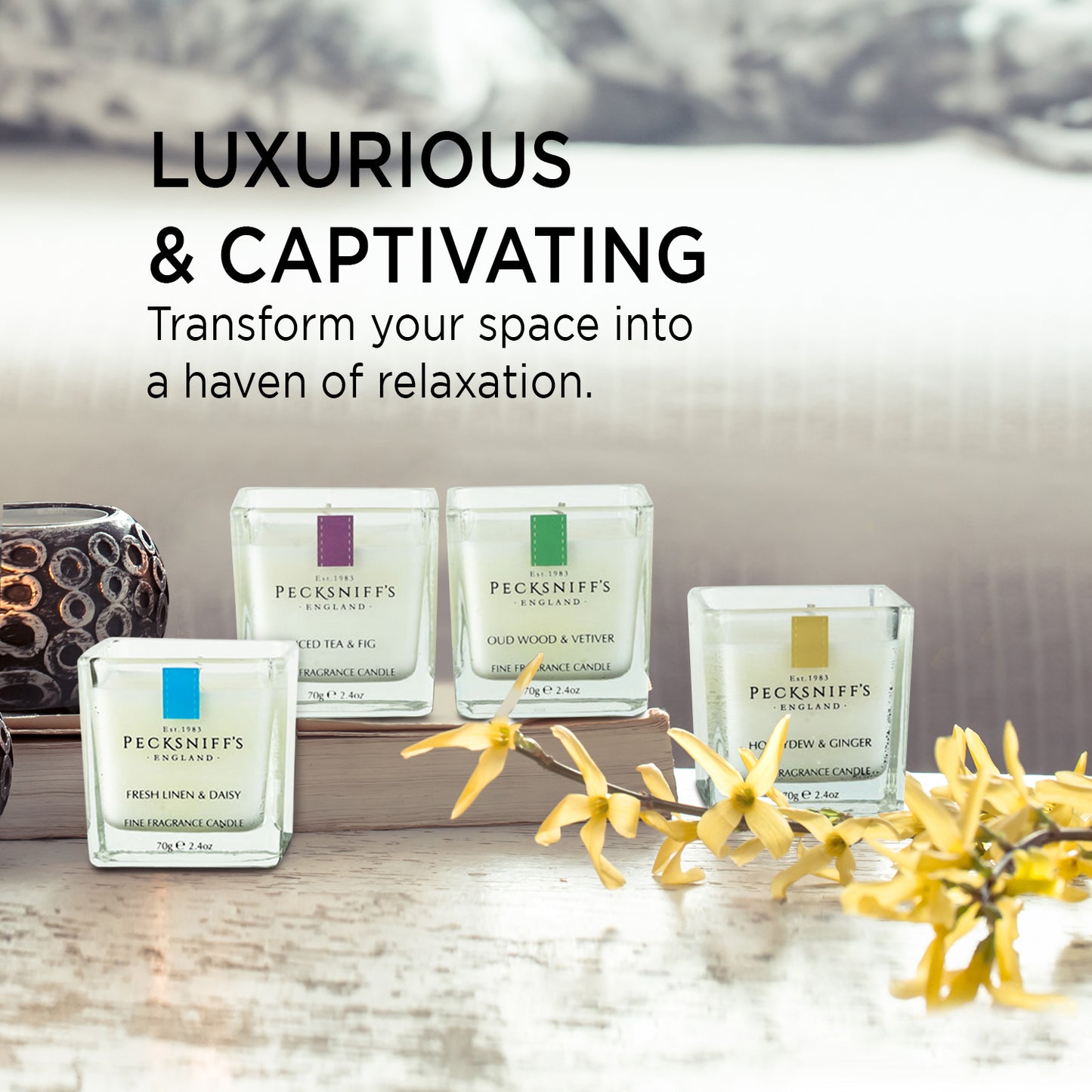 Pecksniff's 4 Candles in Metal Caddy Set: Iced Tea & Fig, Oudwood Vetiver, Honeydew Ginger, Fresh Linen Daisy - Premium Single Wick Candles