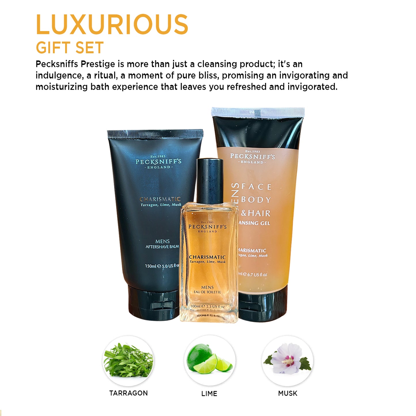 Pecksniffs Charismatic Men's Fragrance Trio: Eau de Toilette, Aftershave Balm, Cleansing Gel Set