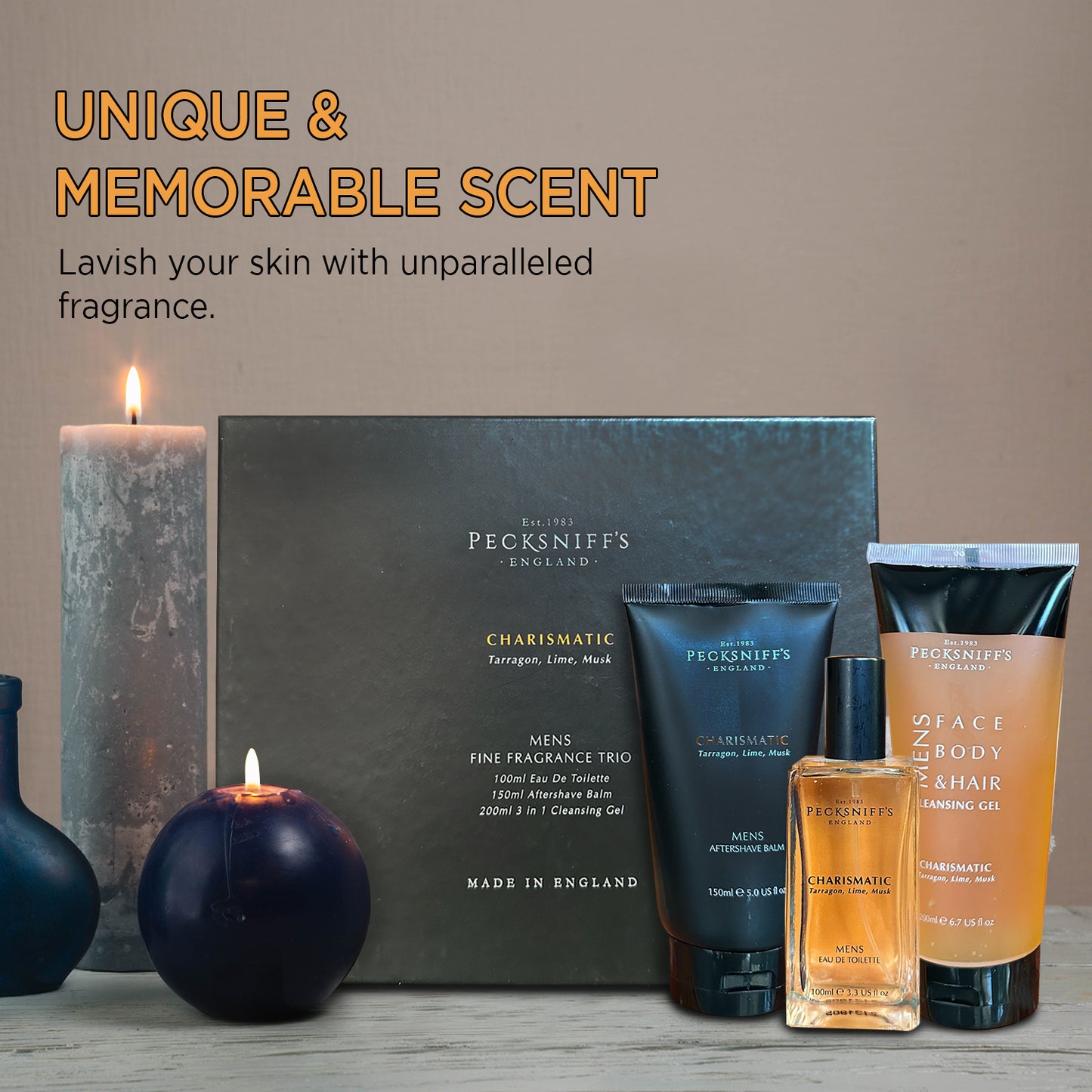 Pecksniffs Charismatic Men's Fragrance Trio: Eau de Toilette, Aftershave Balm, Cleansing Gel Set