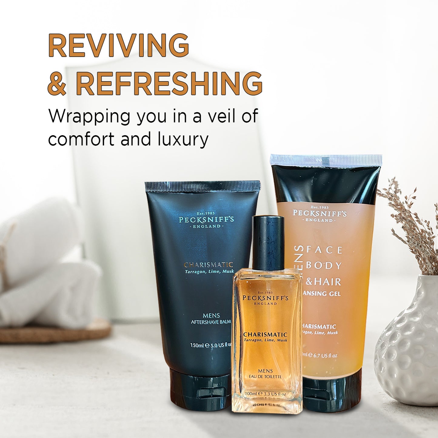 Pecksniffs Charismatic Men's Fragrance Trio: Eau de Toilette, Aftershave Balm, Cleansing Gel Set