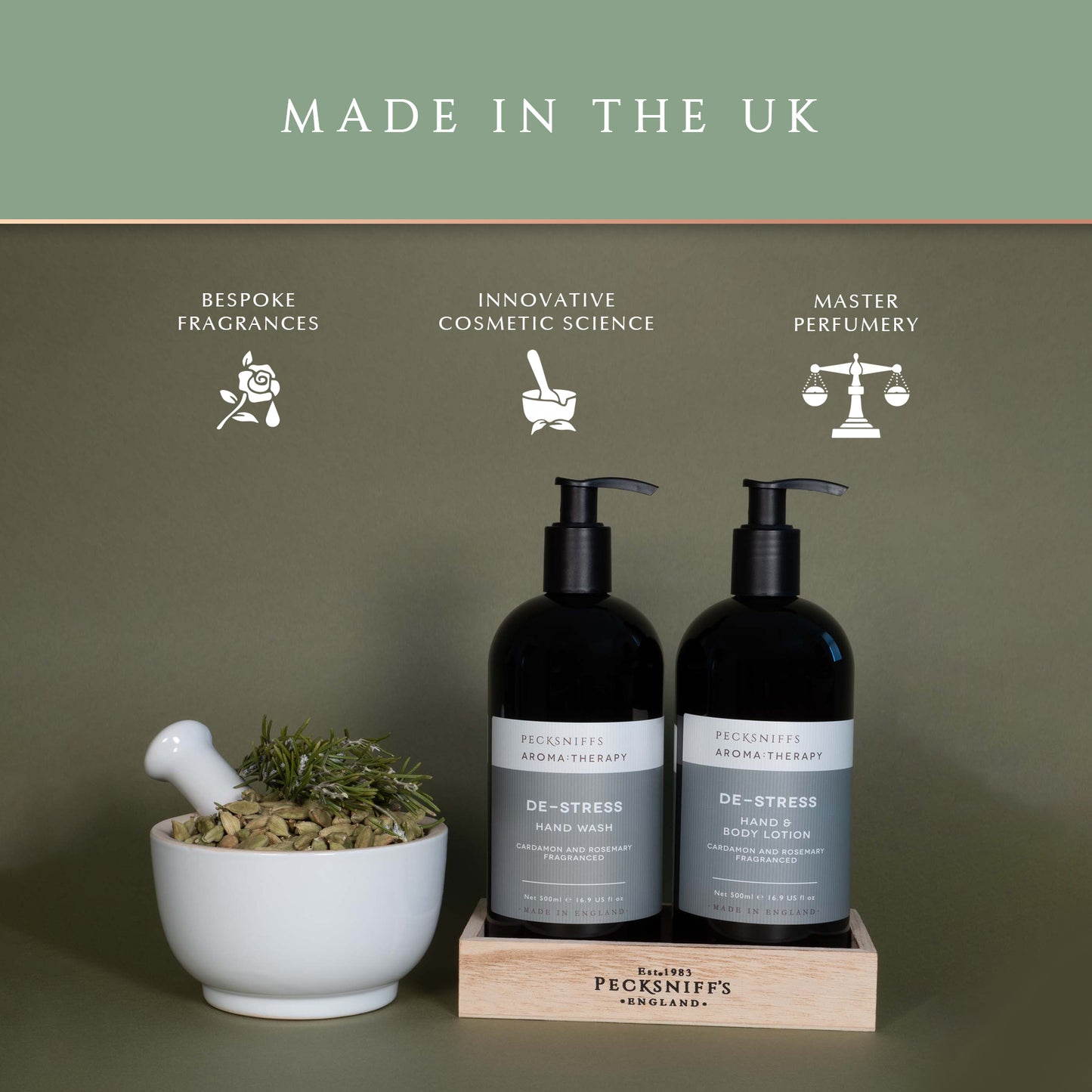 Pecksniff's Aroma:Therapy De-Stress Duo Caddy, 500 ml/16.9 fl oz Hand Wash and 500 ml/16.9 fl oz Hand & Body Lotion