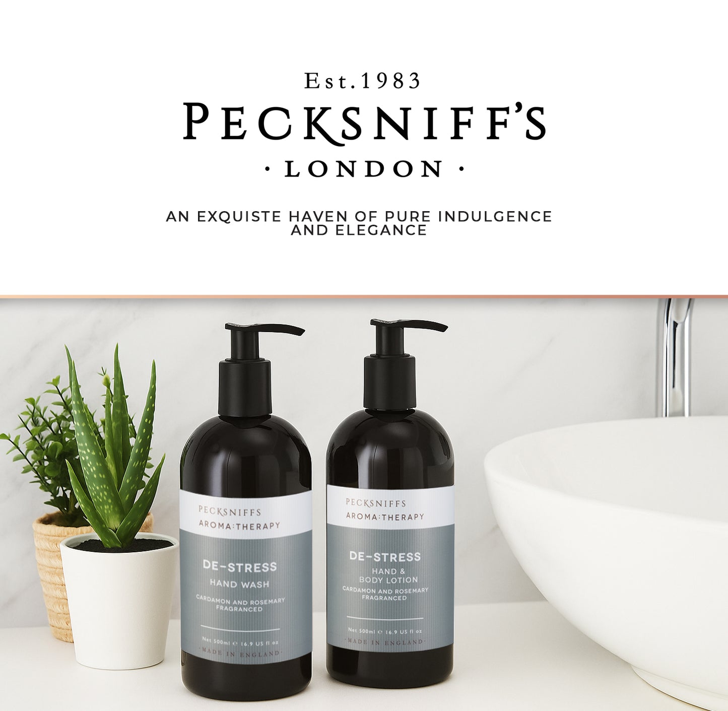 Pecksniff's Aroma:Therapy De-Stress Duo Caddy, 500 ml/16.9 fl oz Hand Wash and 500 ml/16.9 fl oz Hand & Body Lotion