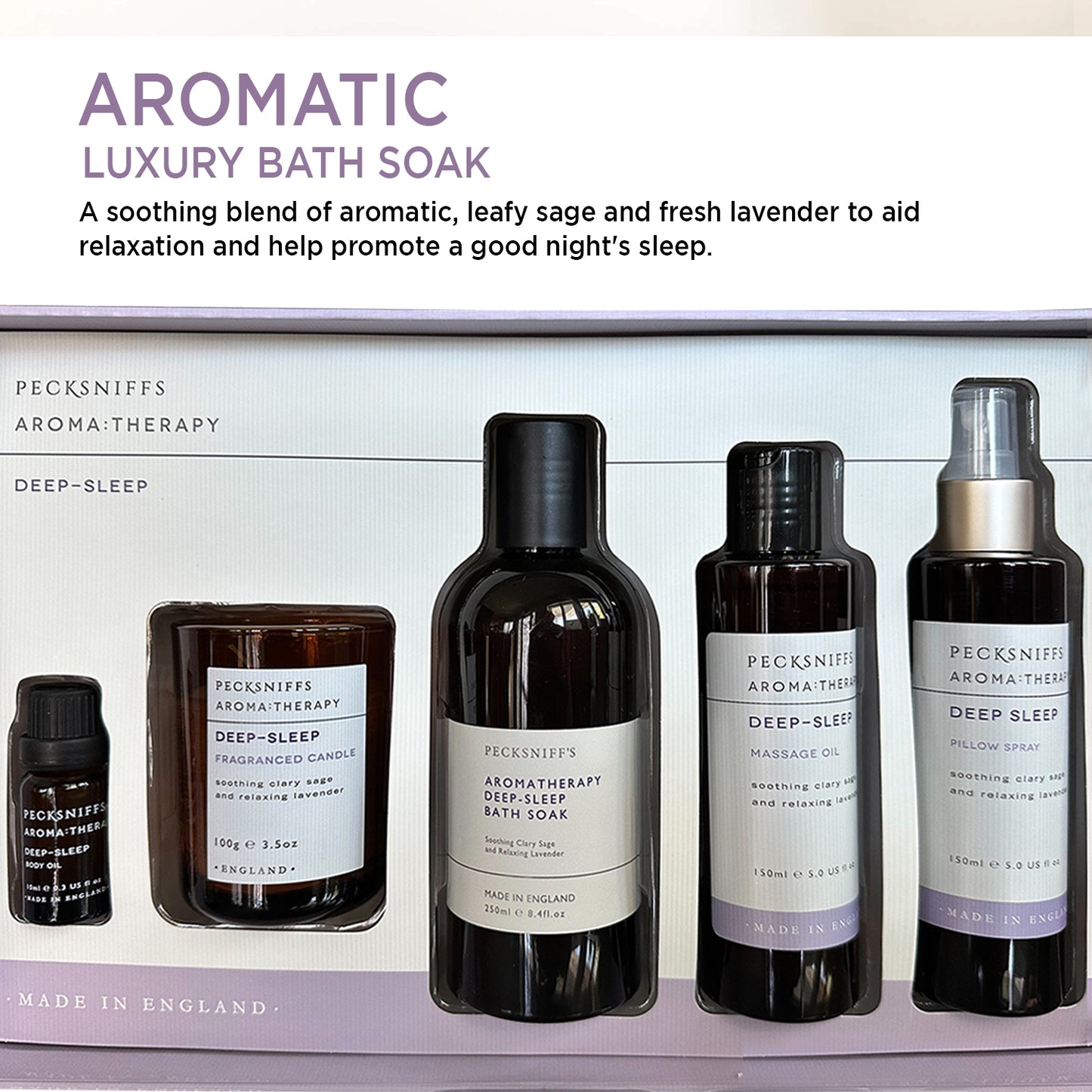 Pecksniffs Aroma:Therapy Deep-Sleep Gift Set: Bath Soak, Candle, Pillow Spray, Massage Oil
