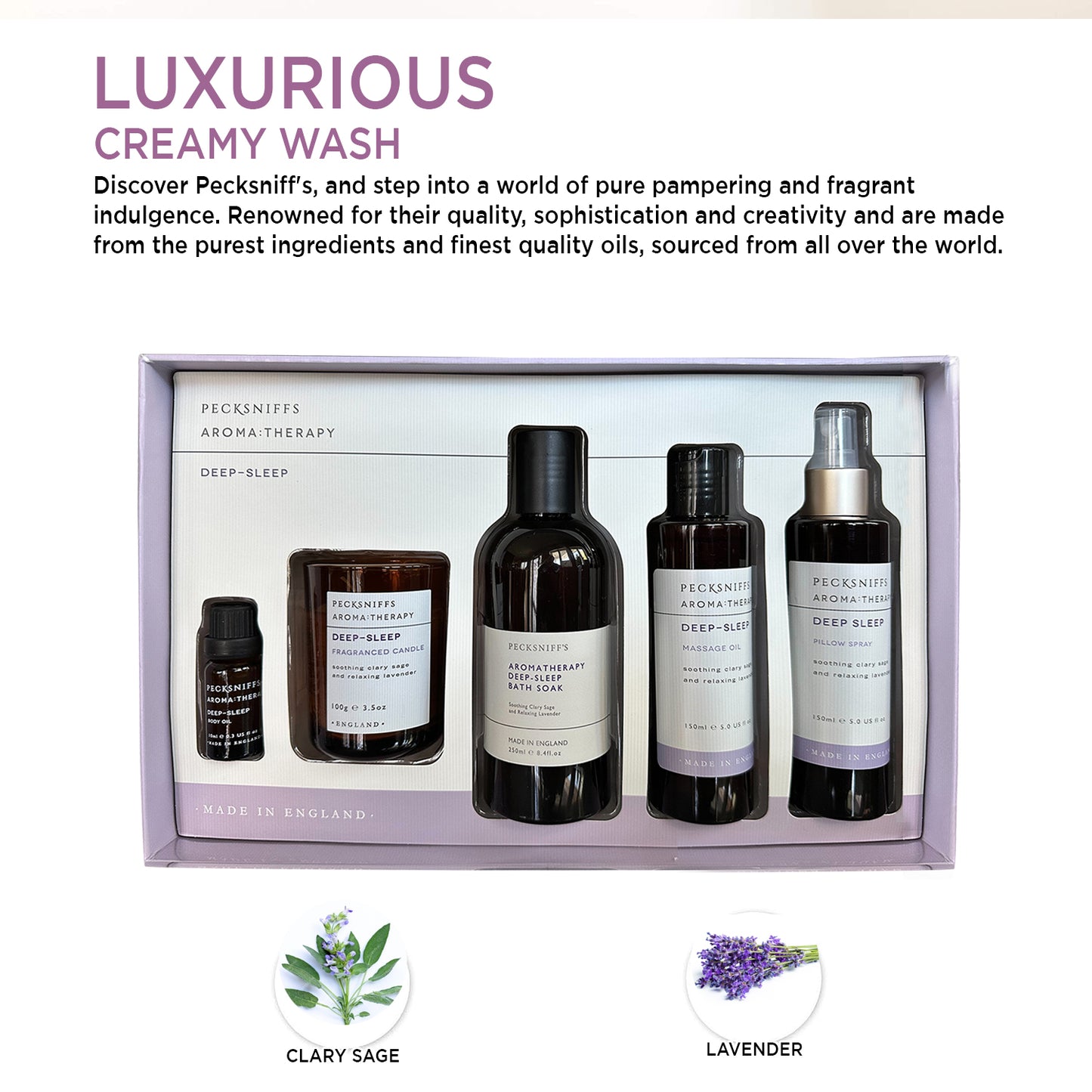 Pecksniffs Aroma:Therapy Deep-Sleep Gift Set: Bath Soak, Candle, Pillow Spray, Massage Oil