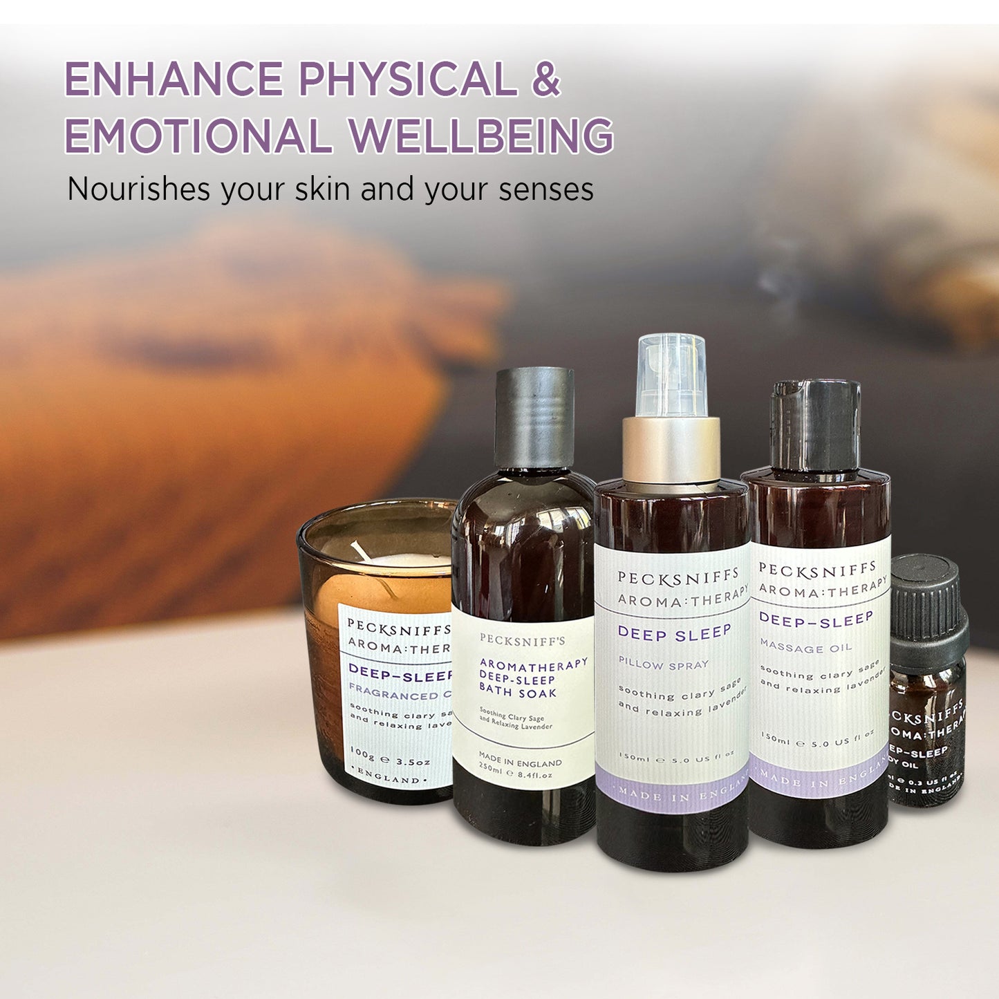 Pecksniffs Aroma:Therapy Deep-Sleep Gift Set: Bath Soak, Candle, Pillow Spray, Massage Oil