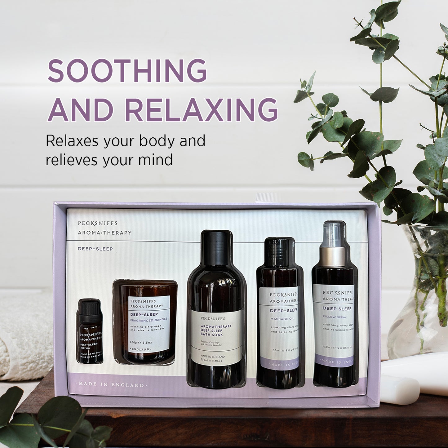 Pecksniffs Aroma:Therapy Deep-Sleep Gift Set: Bath Soak, Candle, Pillow Spray, Massage Oil