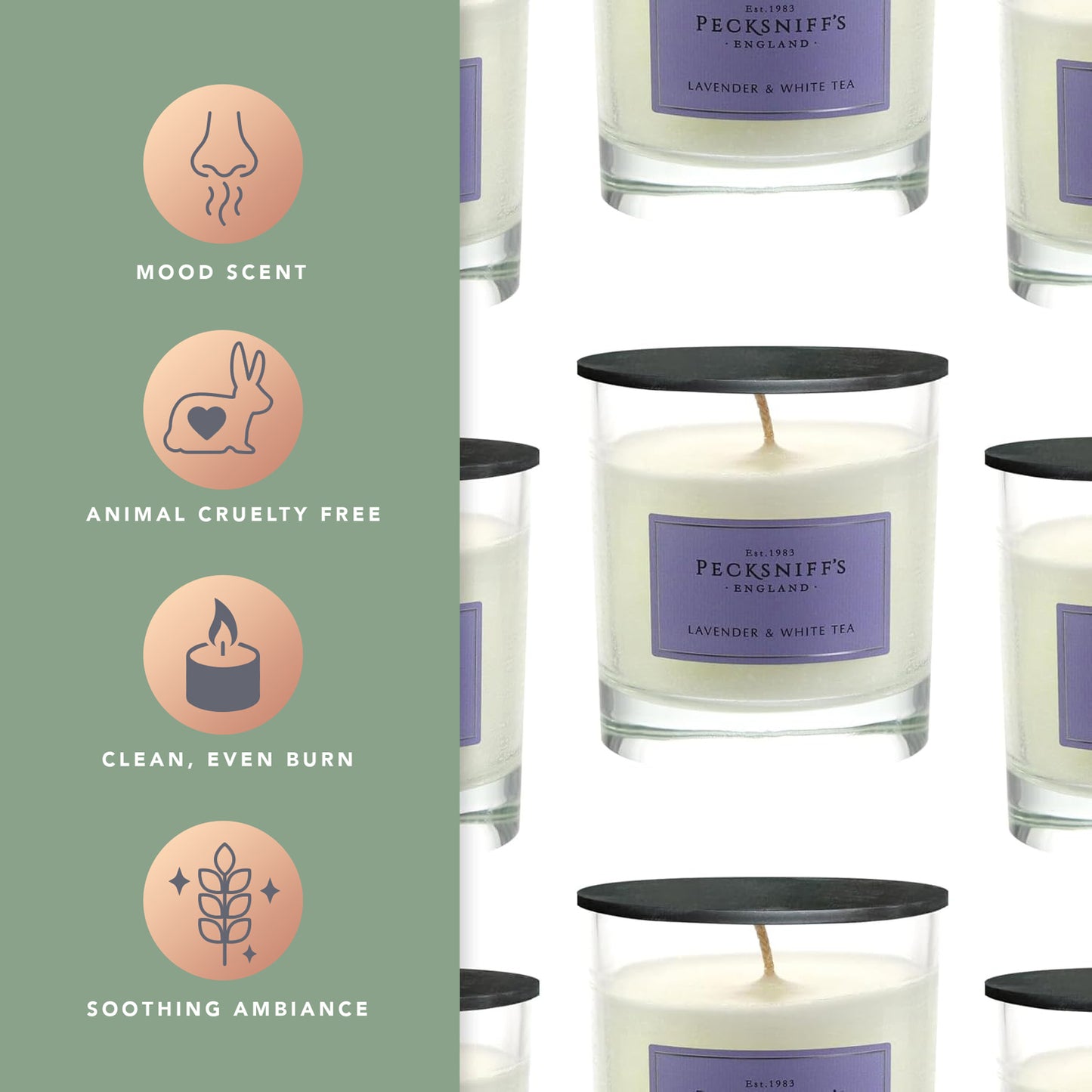Pecksniff's Classic Lavender & White Tea Scented Candle | 1 Wick, 184g/6.49oz