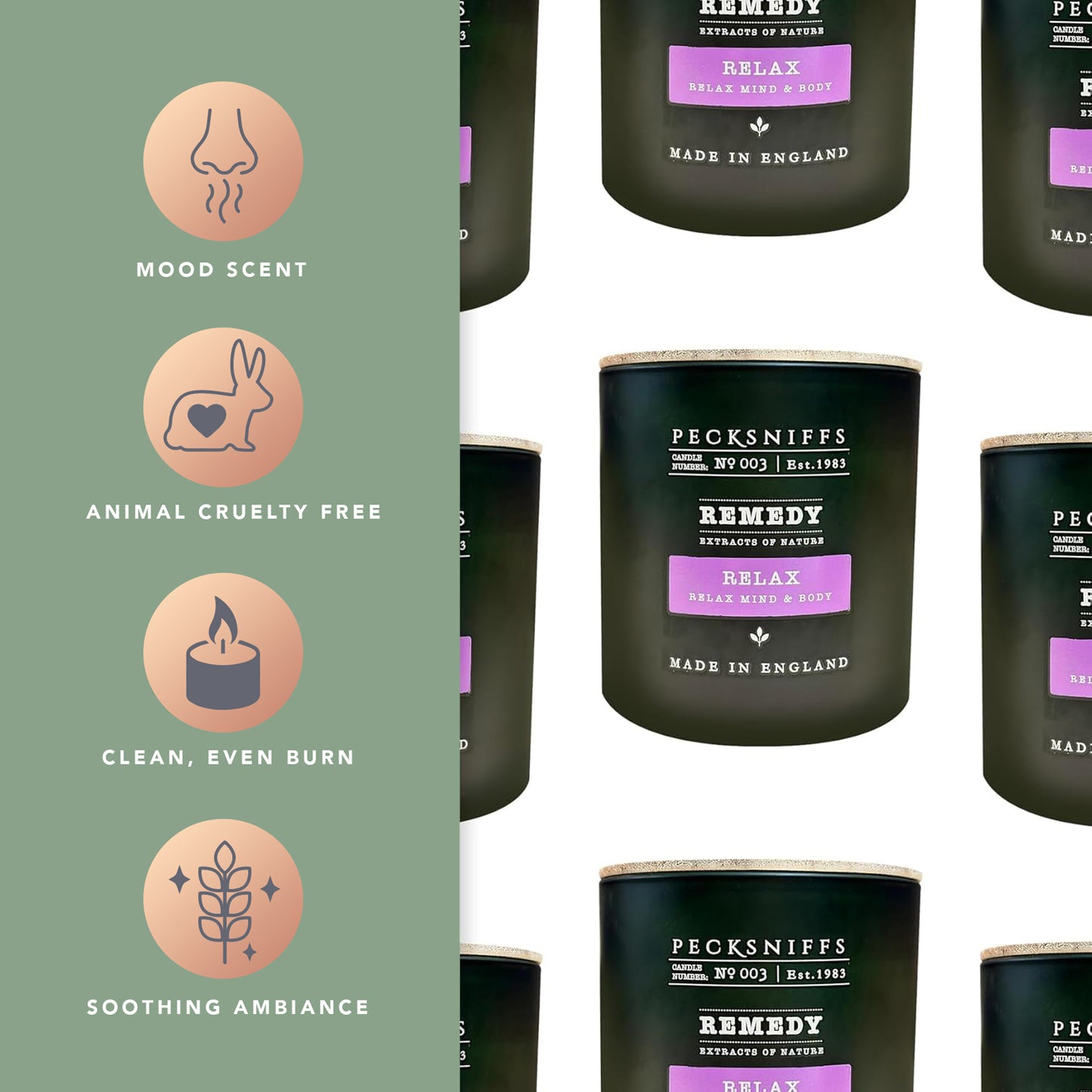 Pecksniffs Remedy Green Tall Relax Candle | 3 Wicks, 550g /19.4 oz