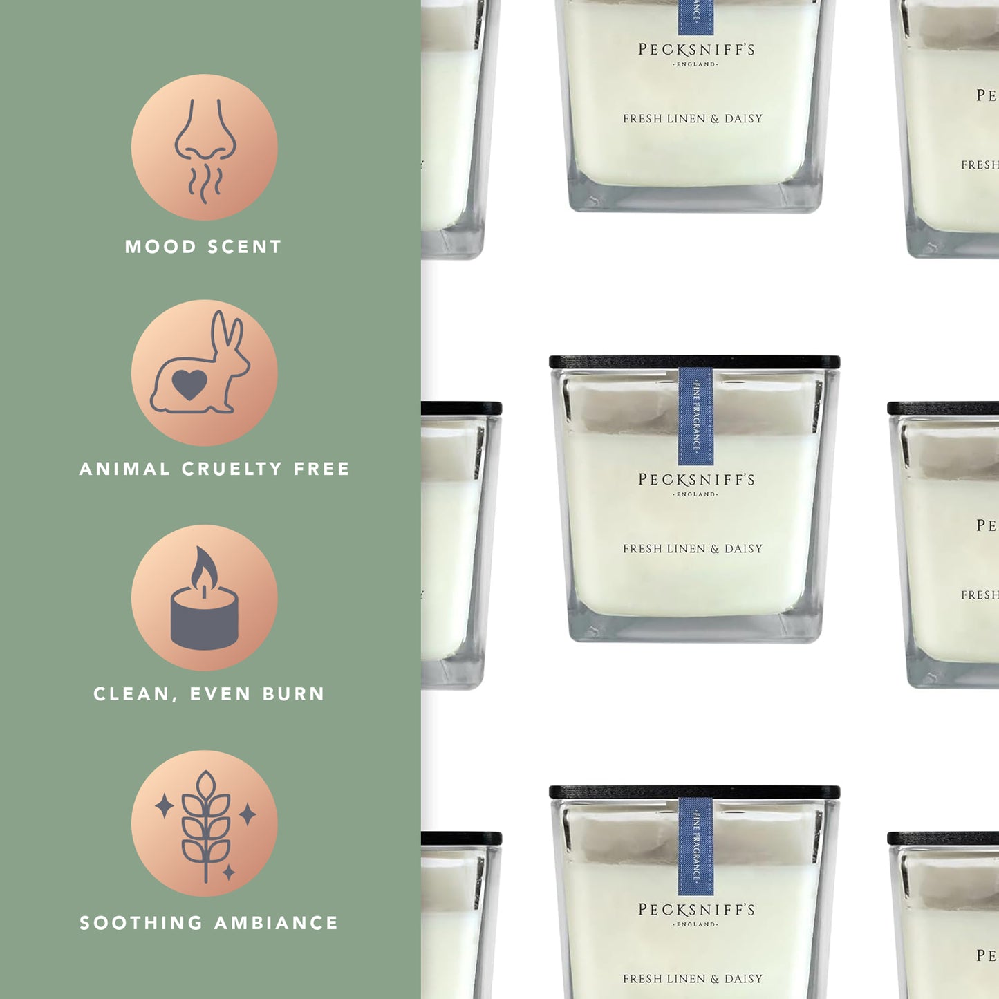 Pecksniffs Prestige Fresh Linen & Daisy Scented Square Candle | 1 Wick, 190g/6.7oz