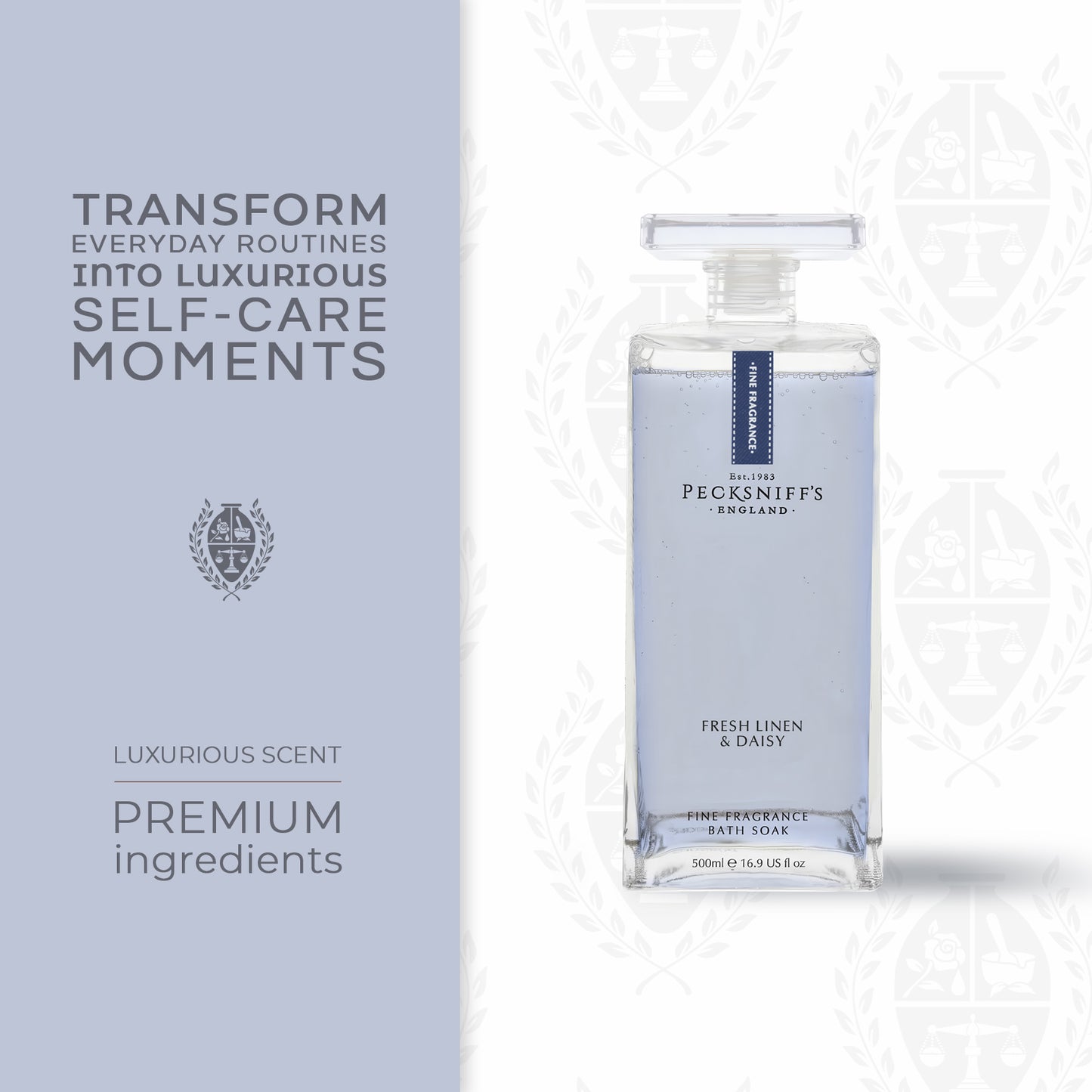 Pecksniff's Prestige Fresh Linen & Daisy Bath Soak Decanter | 500ml/16.9 Fl Oz