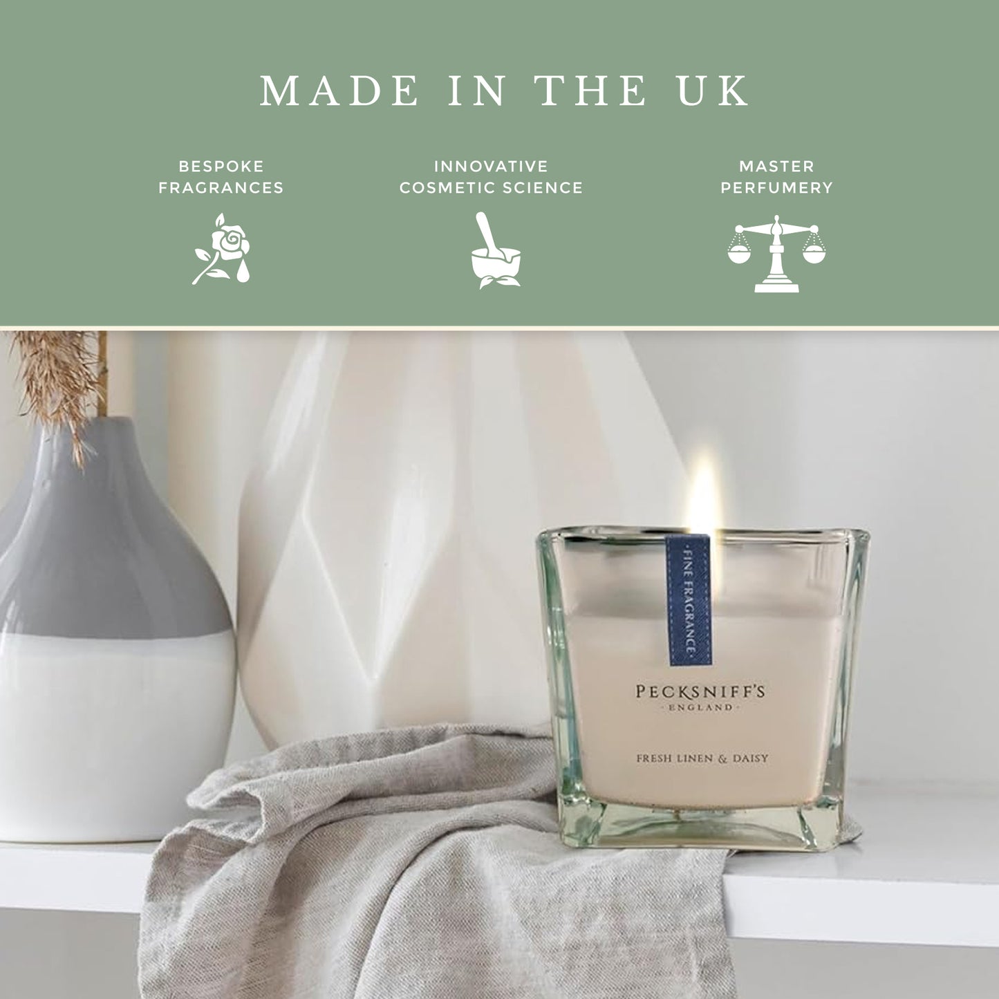 Pecksniffs Prestige Fresh Linen & Daisy Scented Square Candle | 1 Wick, 190g/6.7oz