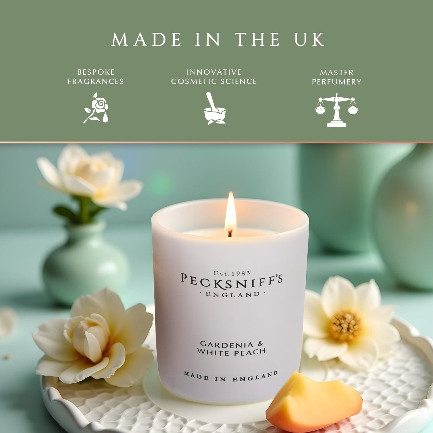 Pecksniff's Gardenia & White Peach Luxury Scented Candle | 1 Wick, 100 g/3.5 oz