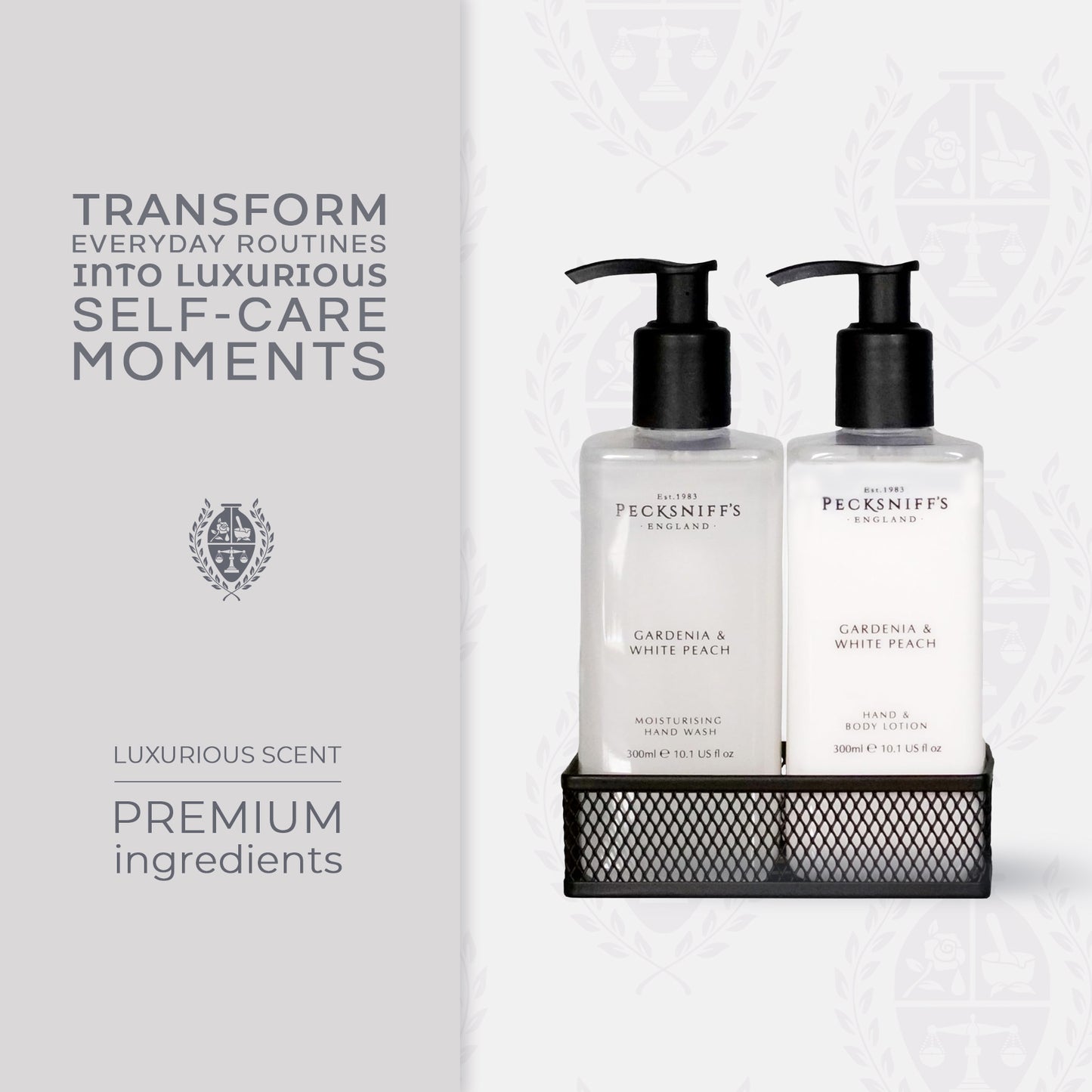 Pecksniffs Gardenia & White Peach Moisturizing Hand Wash and Hand Lotion in a Black Mesh Caddy | 300ml/10.14 Fl oz