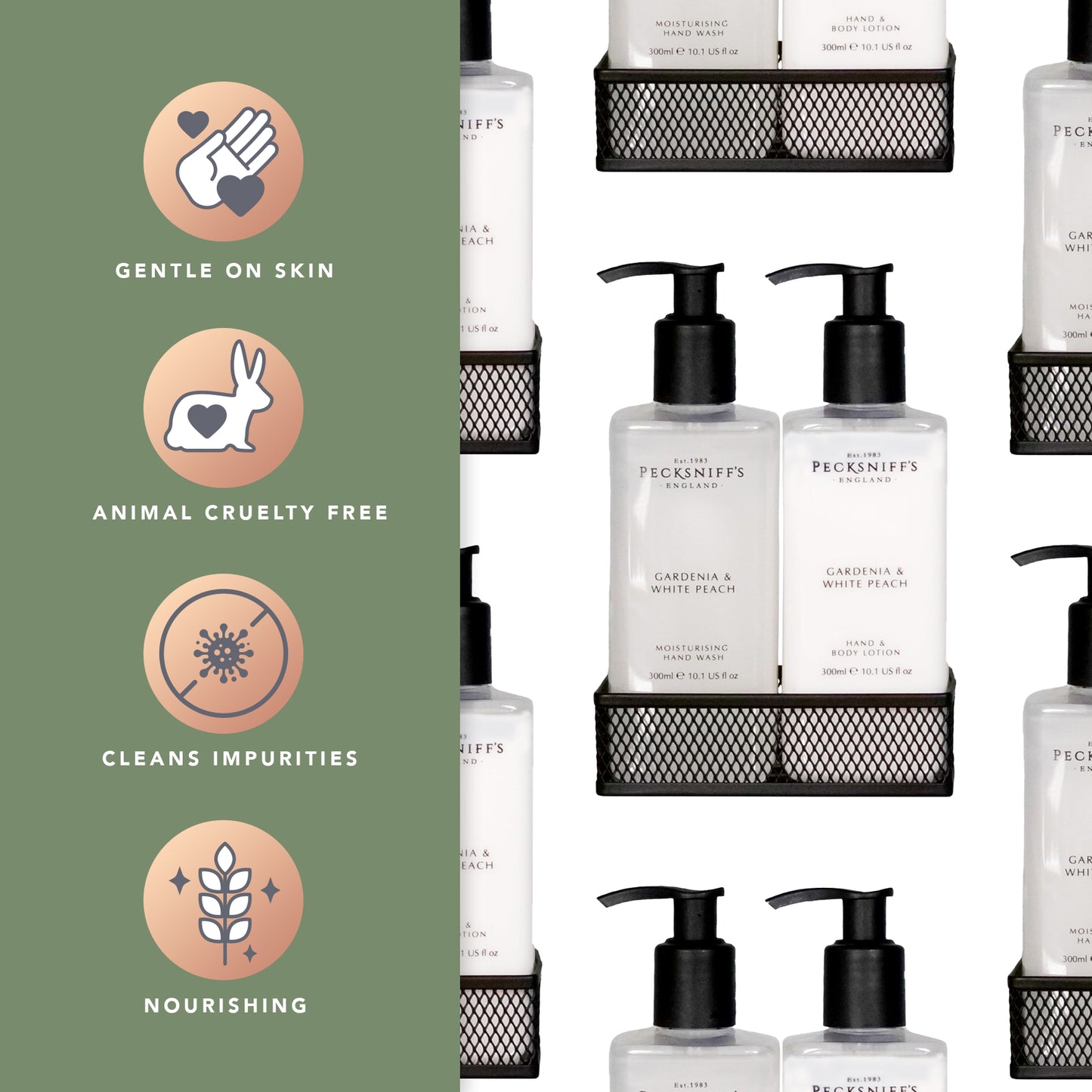 Pecksniffs Gardenia & White Peach Moisturizing Hand Wash and Hand Lotion in a Black Mesh Caddy | 300ml/10.14 Fl oz