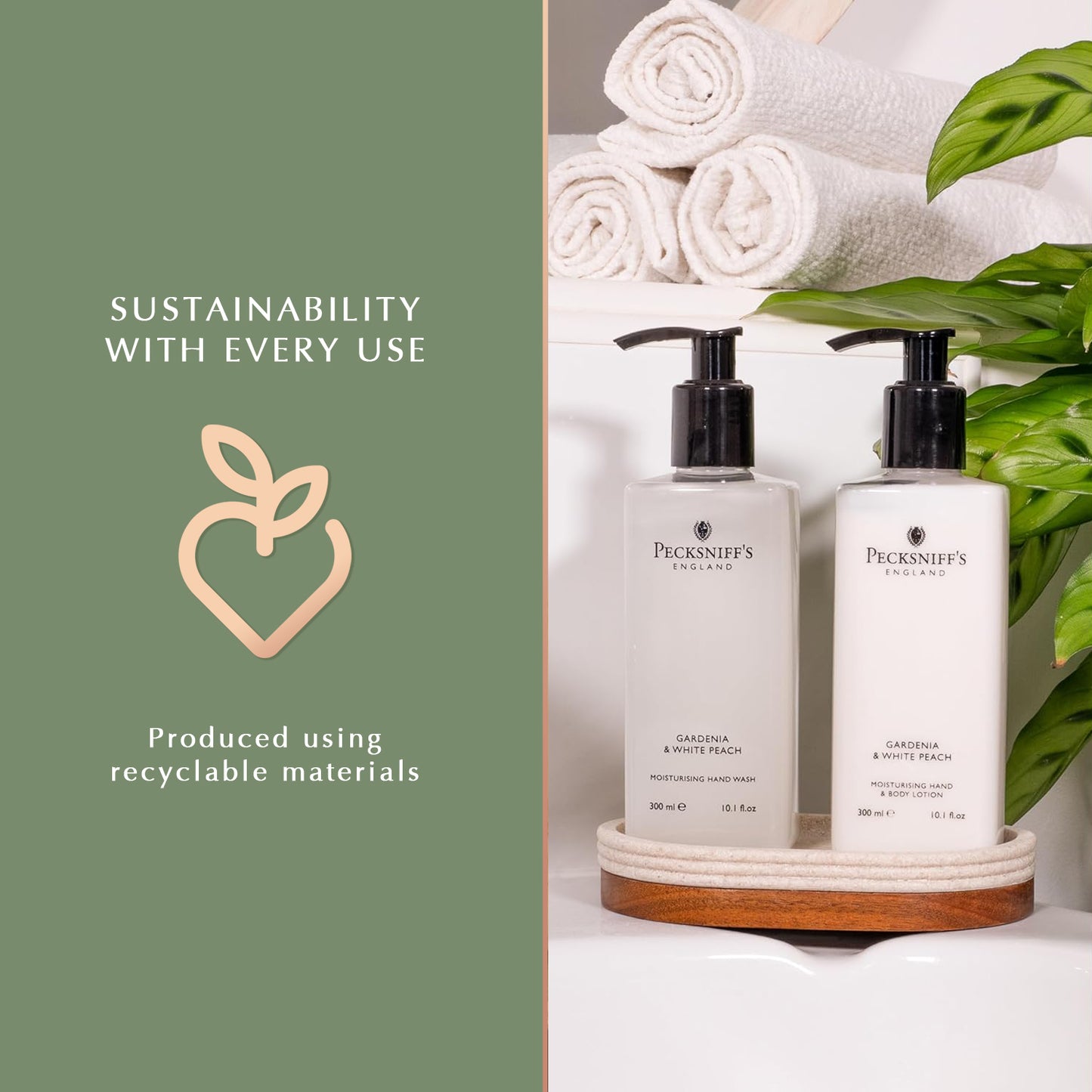 Pecksniffs Gardenia & White Peach Moisturizing Hand Wash and Hand Lotion in a Black Mesh Caddy | 300ml/10.14 Fl oz