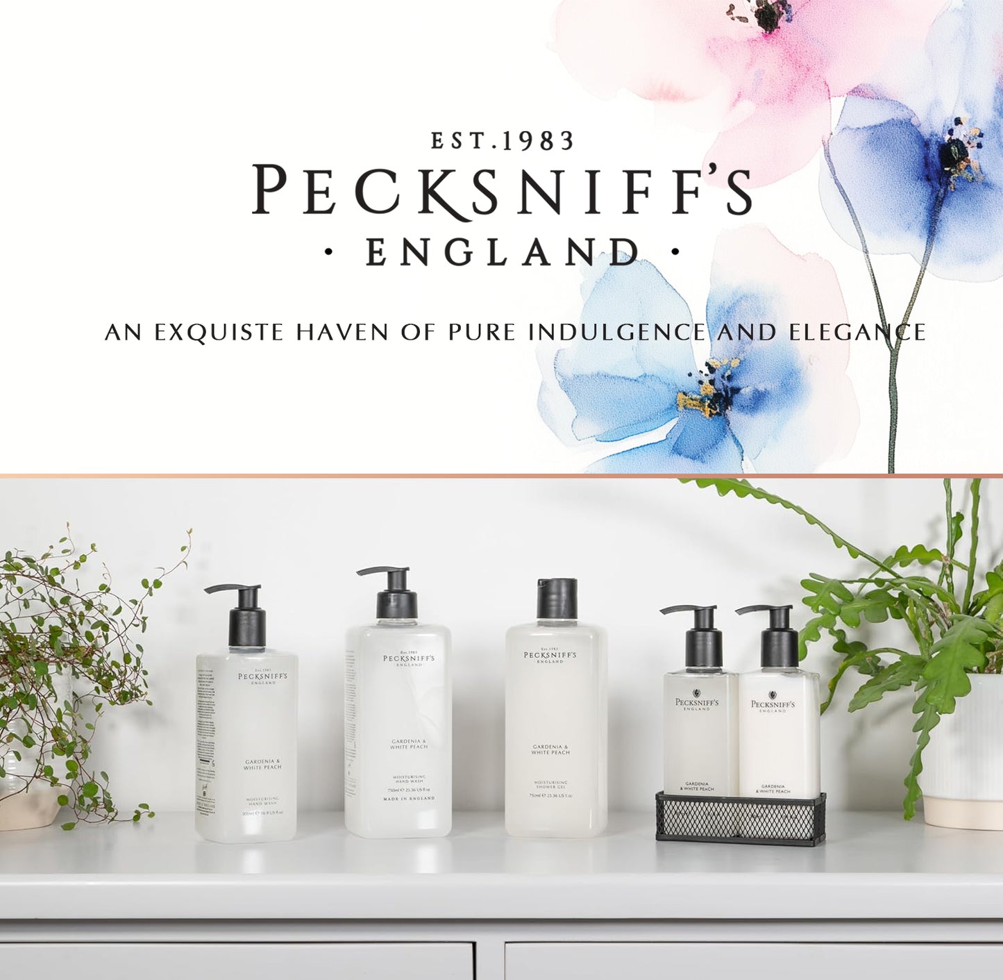 Pecksniffs Gardenia & White Peach Moisturizing Hand Wash and Hand Lotion in a Black Mesh Caddy | 300ml/10.14 Fl oz