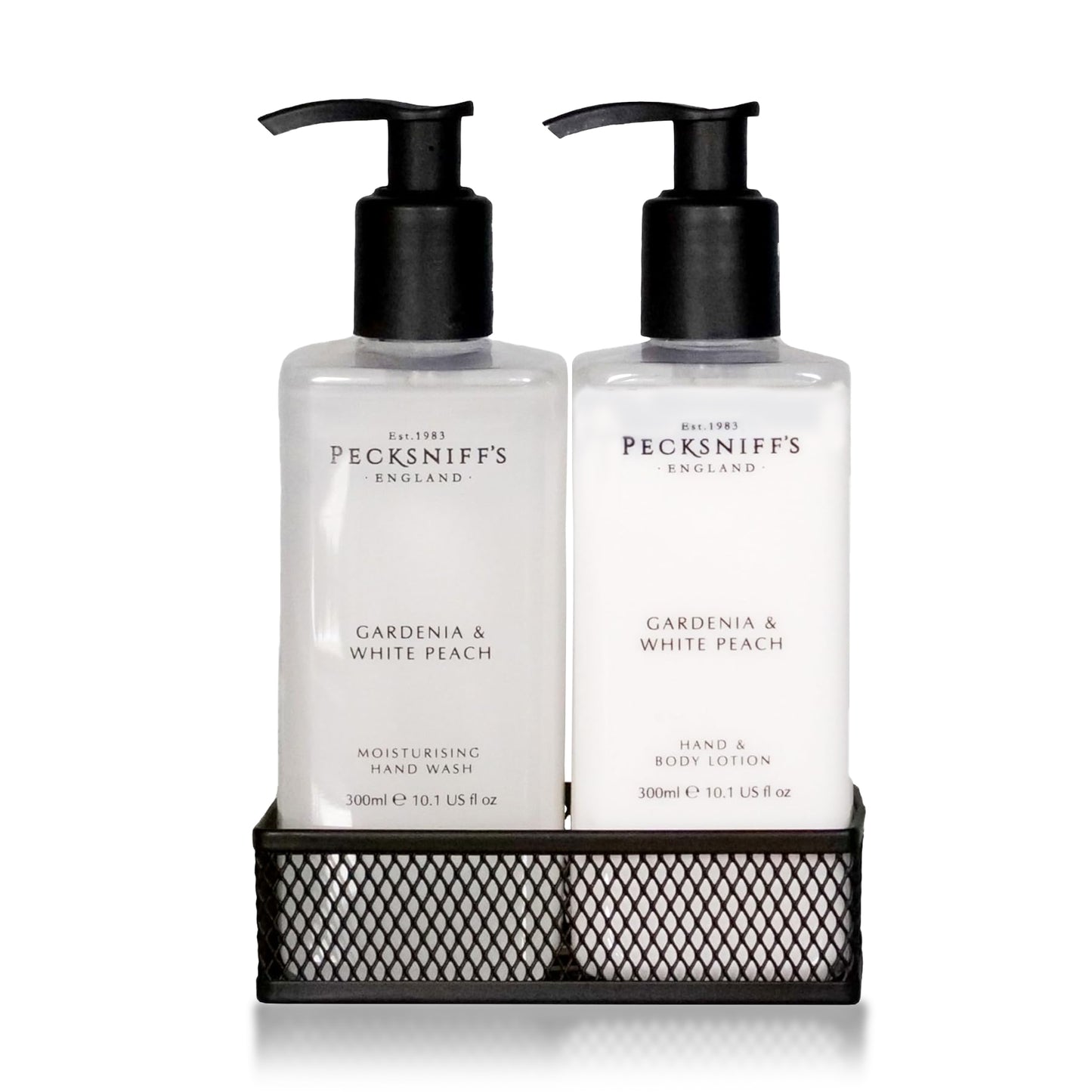 Pecksniffs Gardenia & White Peach Moisturizing Hand Wash and Hand Lotion in a Black Mesh Caddy | 300ml/10.14 Fl oz