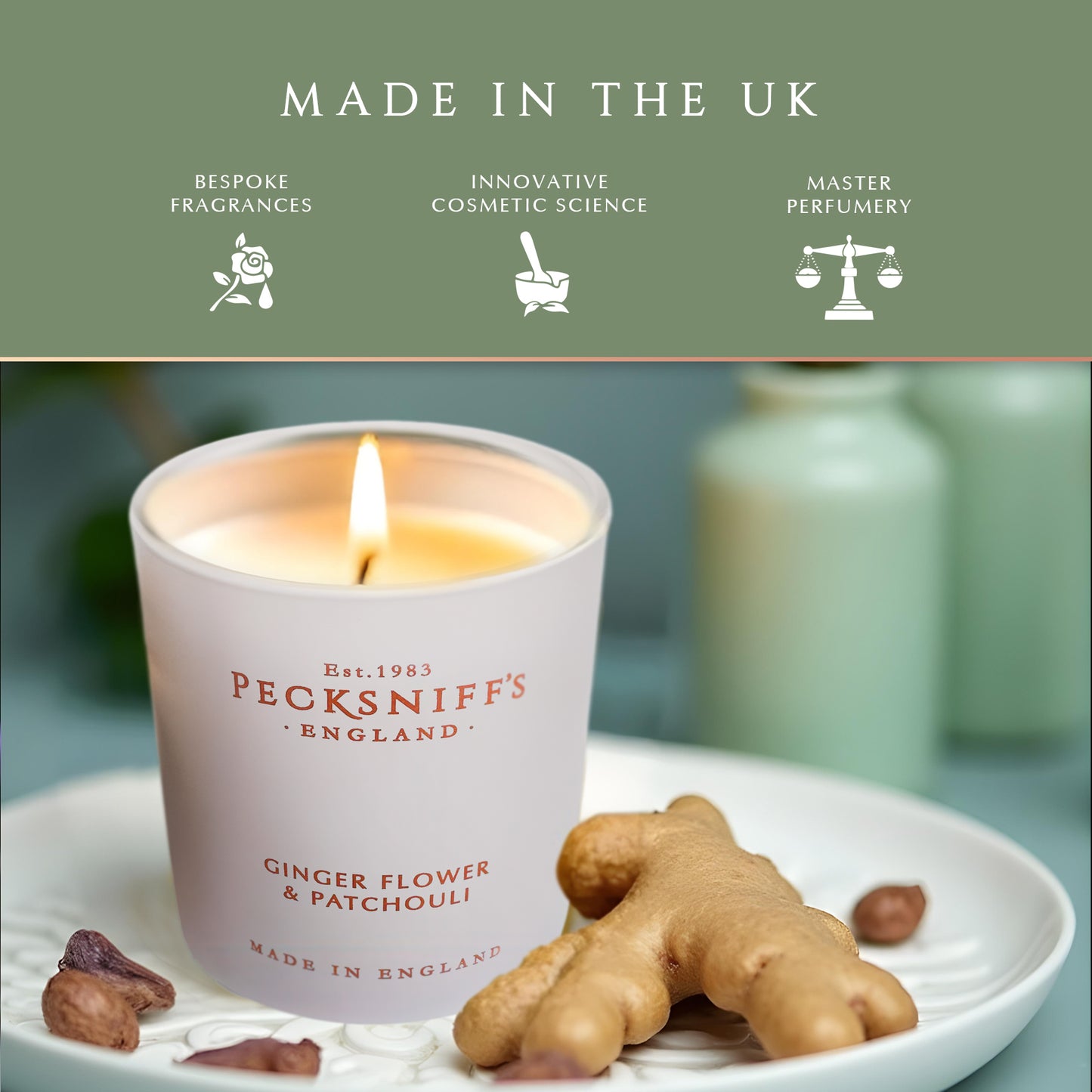Pecksniff's Ginger Flower & Patchouli Luxury Scented Candle | 1 Wick, 100 g/3.5 oz