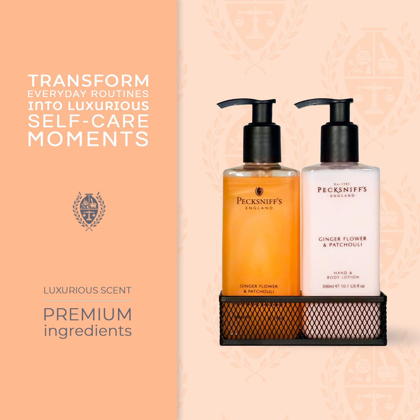Pecksniffs Ginger Flower & Patchouli Classic Hand Wash, Lotion & Caddy