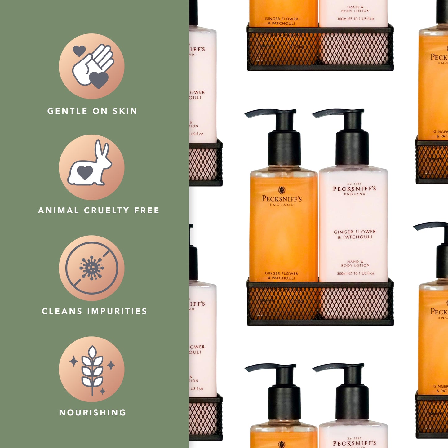 Pecksniffs Ginger Flower & Patchouli Classic Hand Wash, Lotion & Caddy