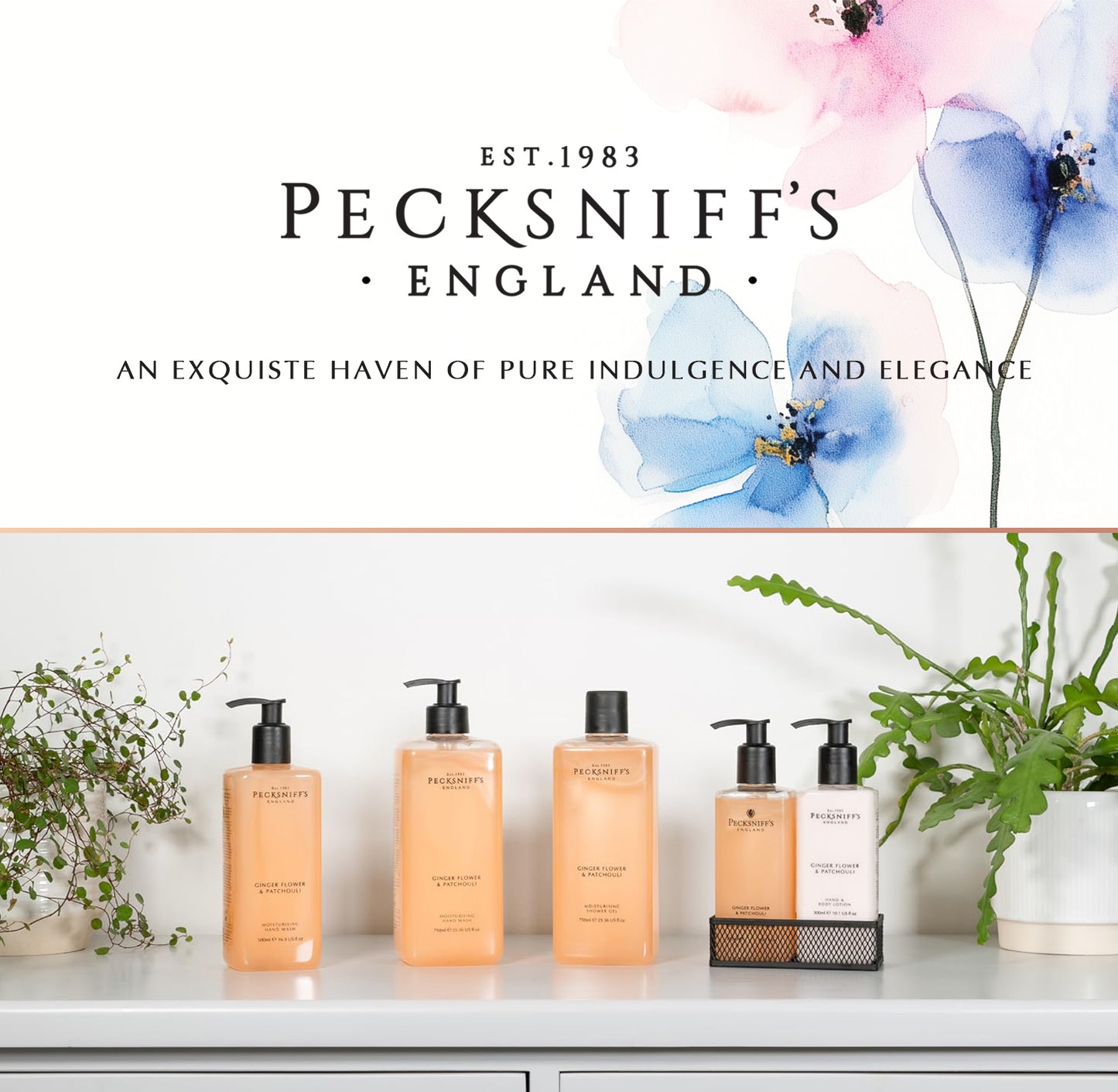 Pecksniffs Ginger Flower & Patchouli Classic Hand Wash, Lotion & Caddy