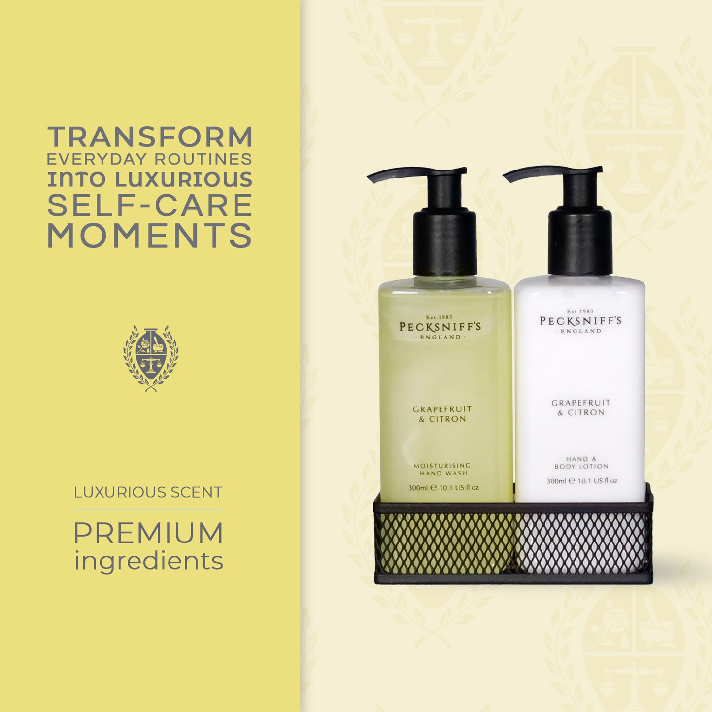 Pecksniffs Grapefruit & Citron Moisturizing Hand Wash and Hand Lotion in a Black Mesh Caddy | 300ml/10.14 Fl oz