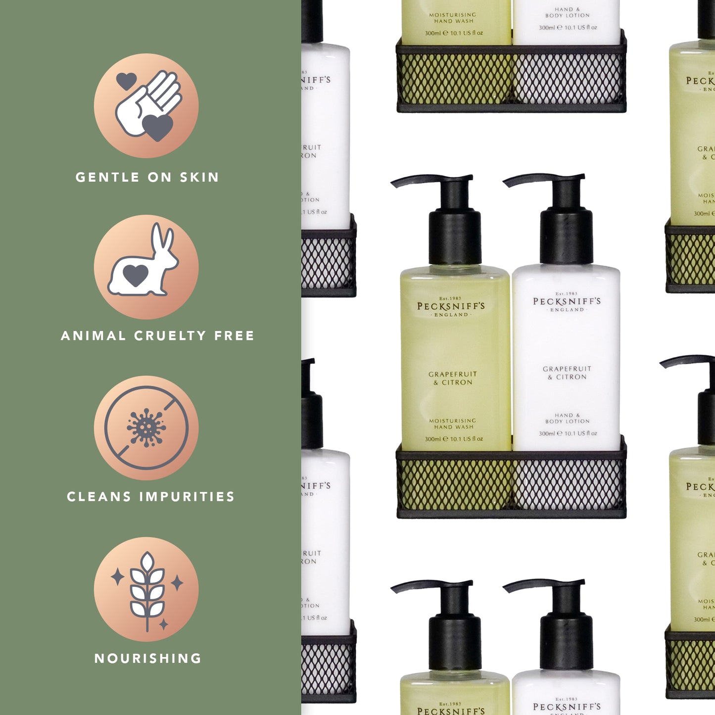 Pecksniffs Grapefruit & Citron Moisturizing Hand Wash and Hand Lotion in a Black Mesh Caddy | 300ml/10.14 Fl oz