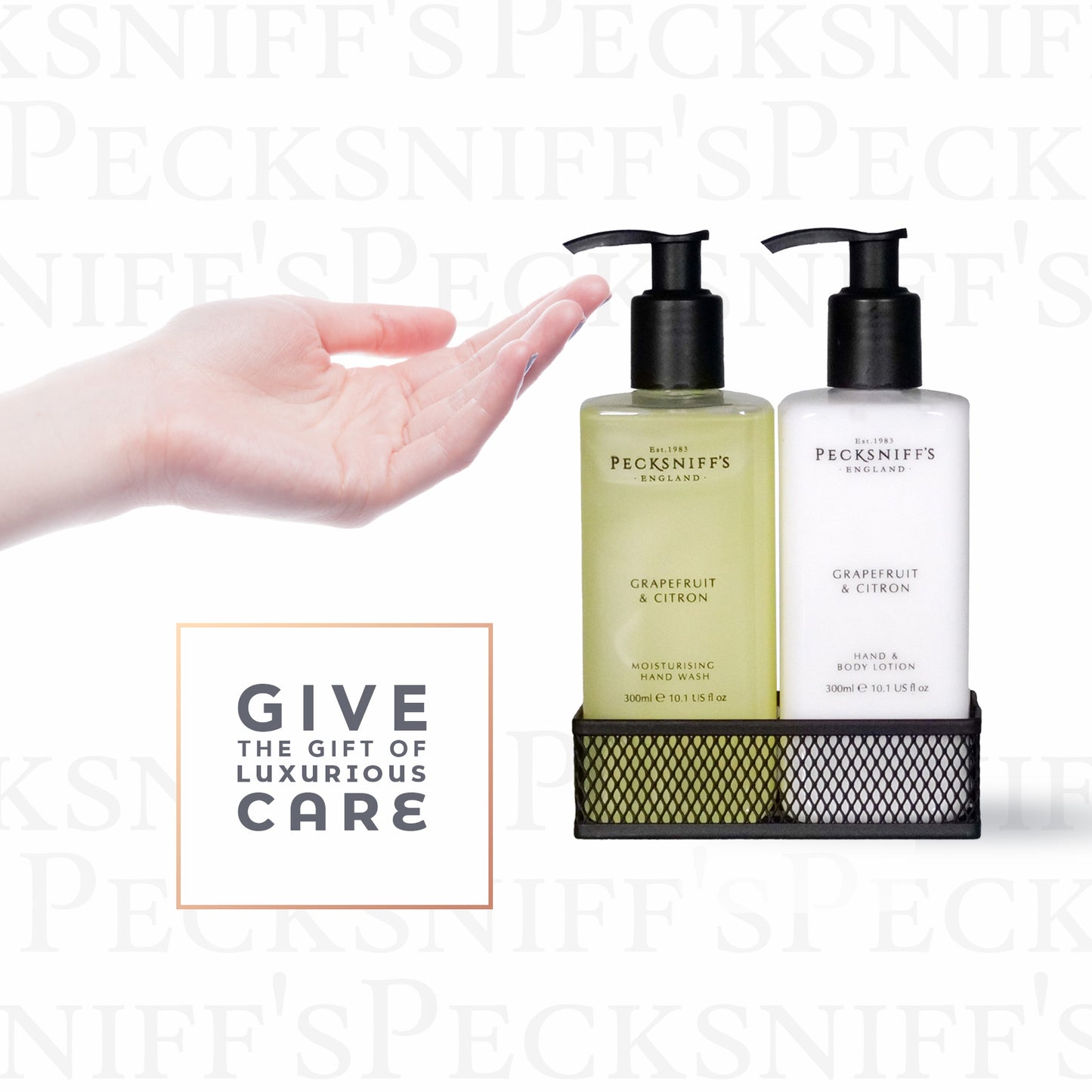 Pecksniffs Grapefruit & Citron Moisturizing Hand Wash and Hand Lotion in a Black Mesh Caddy | 300ml/10.14 Fl oz