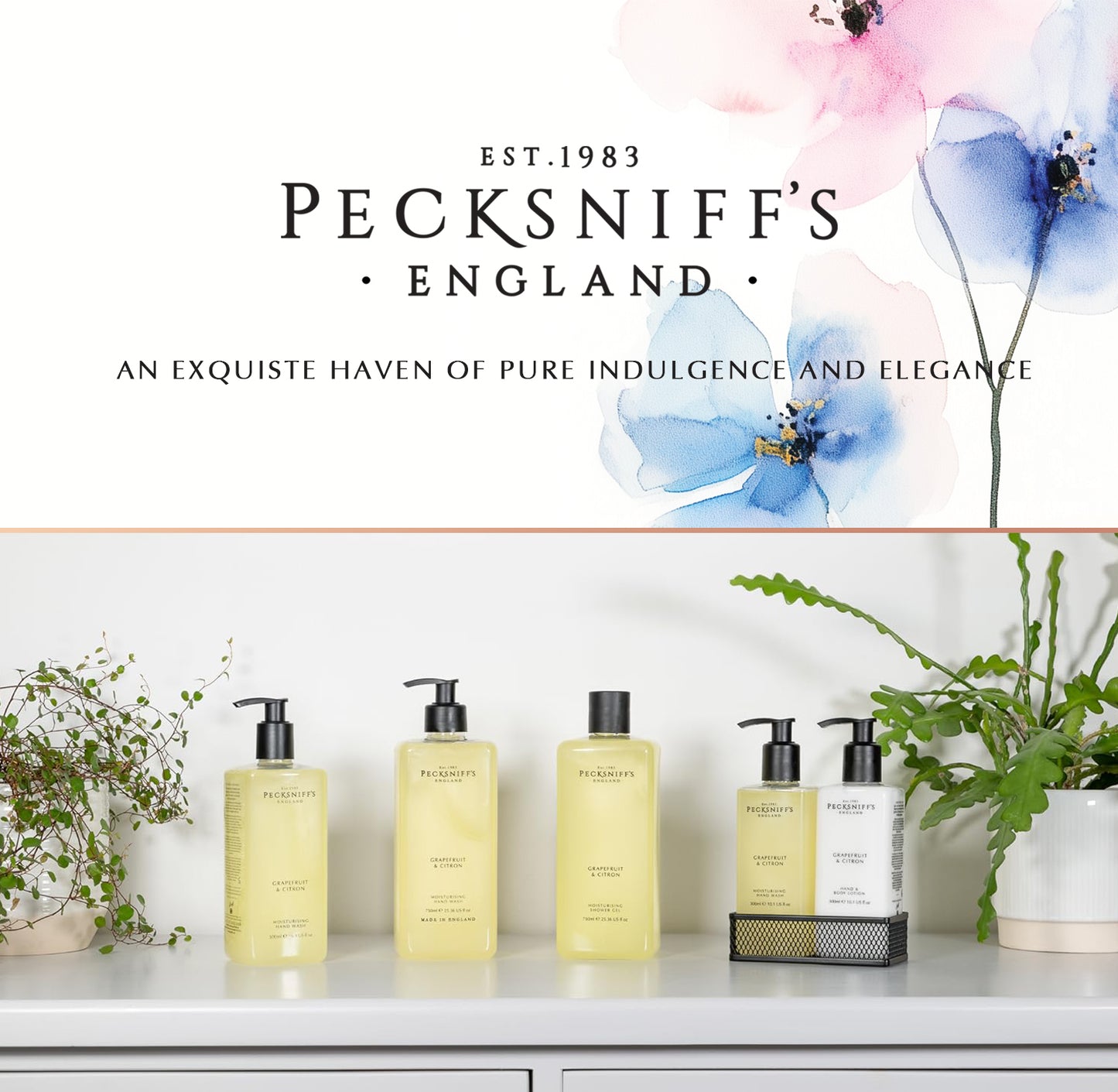 Pecksniffs Grapefruit & Citron Moisturizing Hand Wash and Hand Lotion in a Black Mesh Caddy | 300ml/10.14 Fl oz