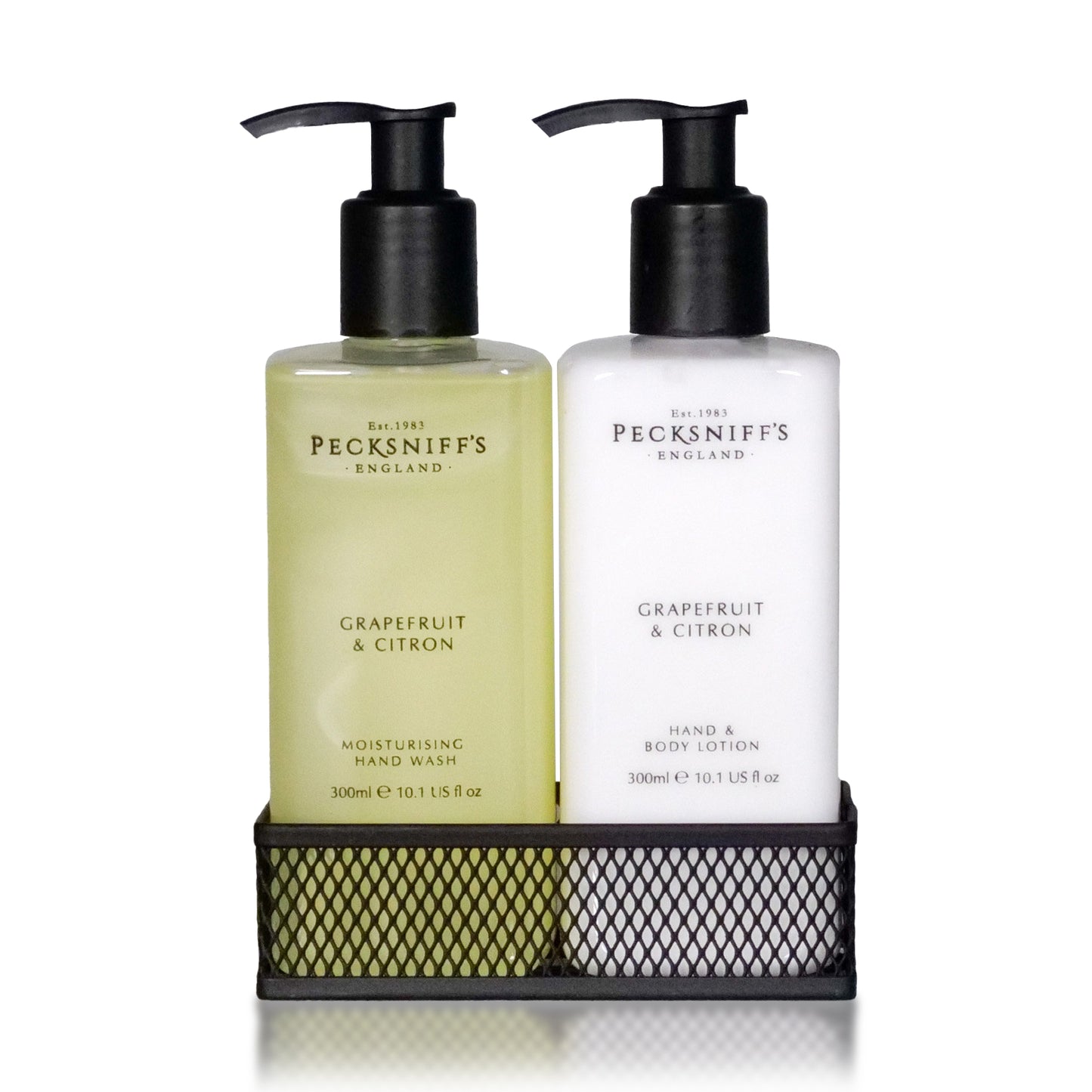 Pecksniffs Grapefruit & Citron Moisturizing Hand Wash and Hand Lotion in a Black Mesh Caddy | 300ml/10.14 Fl oz