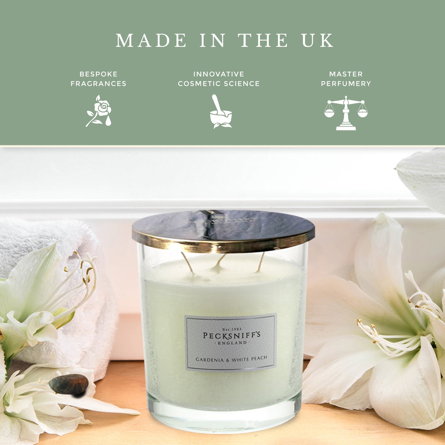 Pecksniffs Classic Gardenia & White Peach Scented Candle | 3 Wicks, 550g/19.4oz