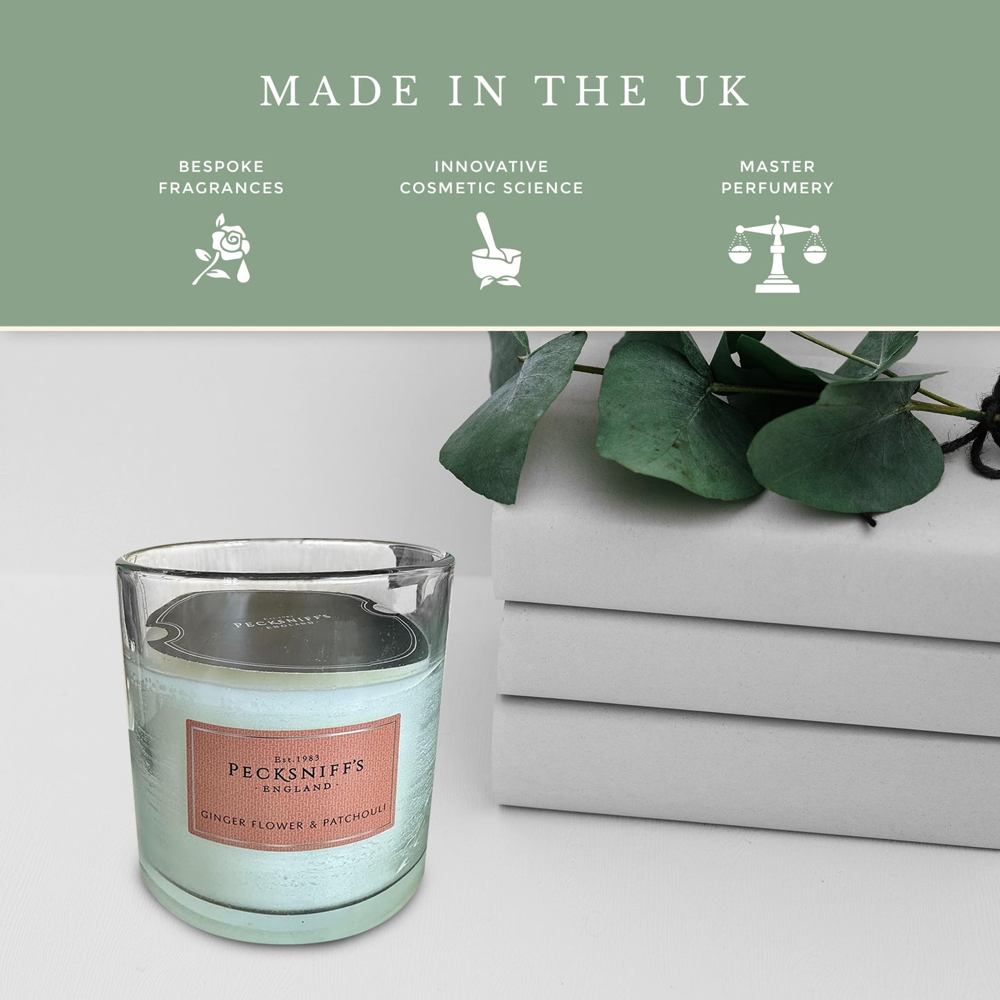 Pecksniffs Classic Gingerflower & Patchouli Scented Candle with Dust Cover | 3 Wicks, 550g/19.4oz